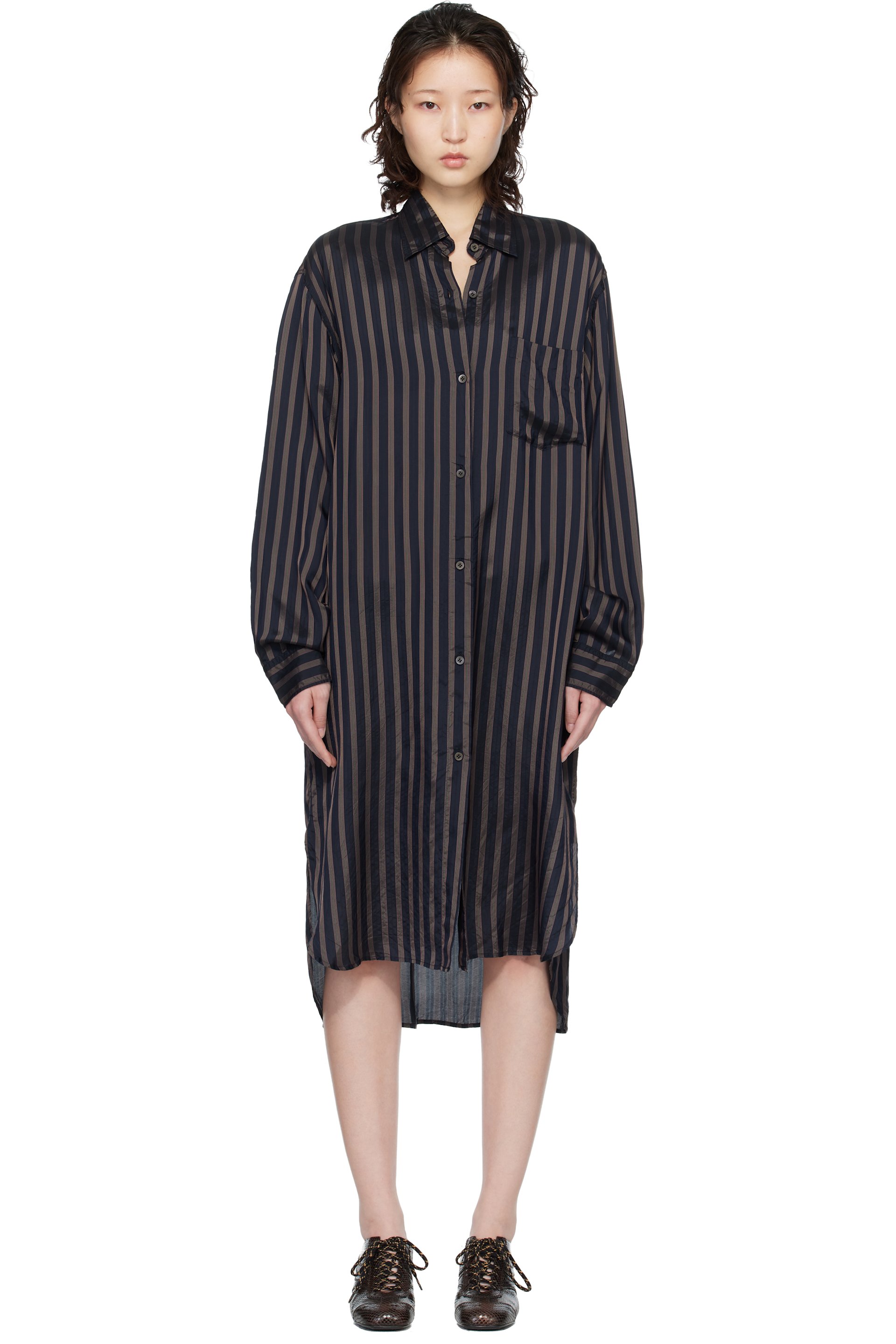 Dries Van Noten - Robe midi de style chemise bleu marine