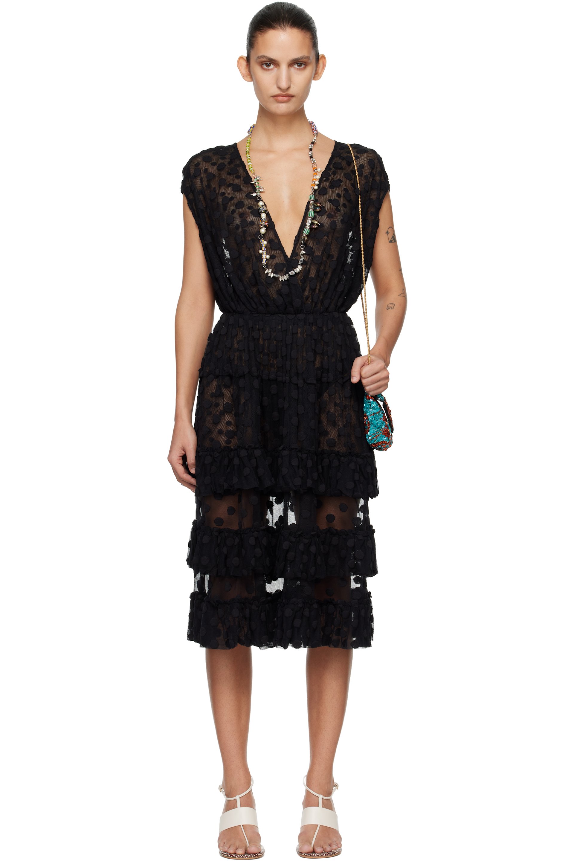 Dries Van Noten - Robe midi noire en filet à volants