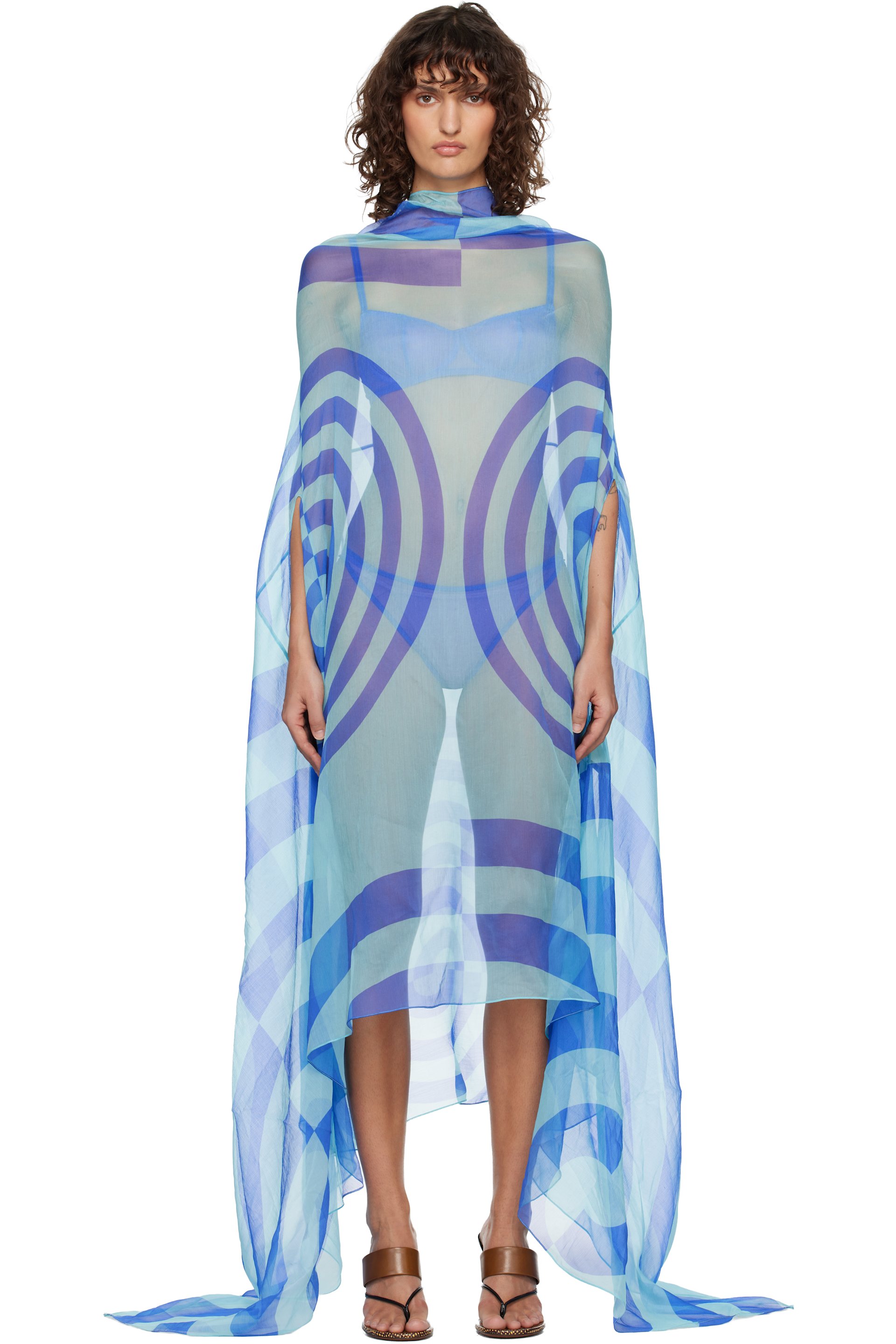 Dries Van Noten: Blue Silk Cape Maxi Dress | SSENSE