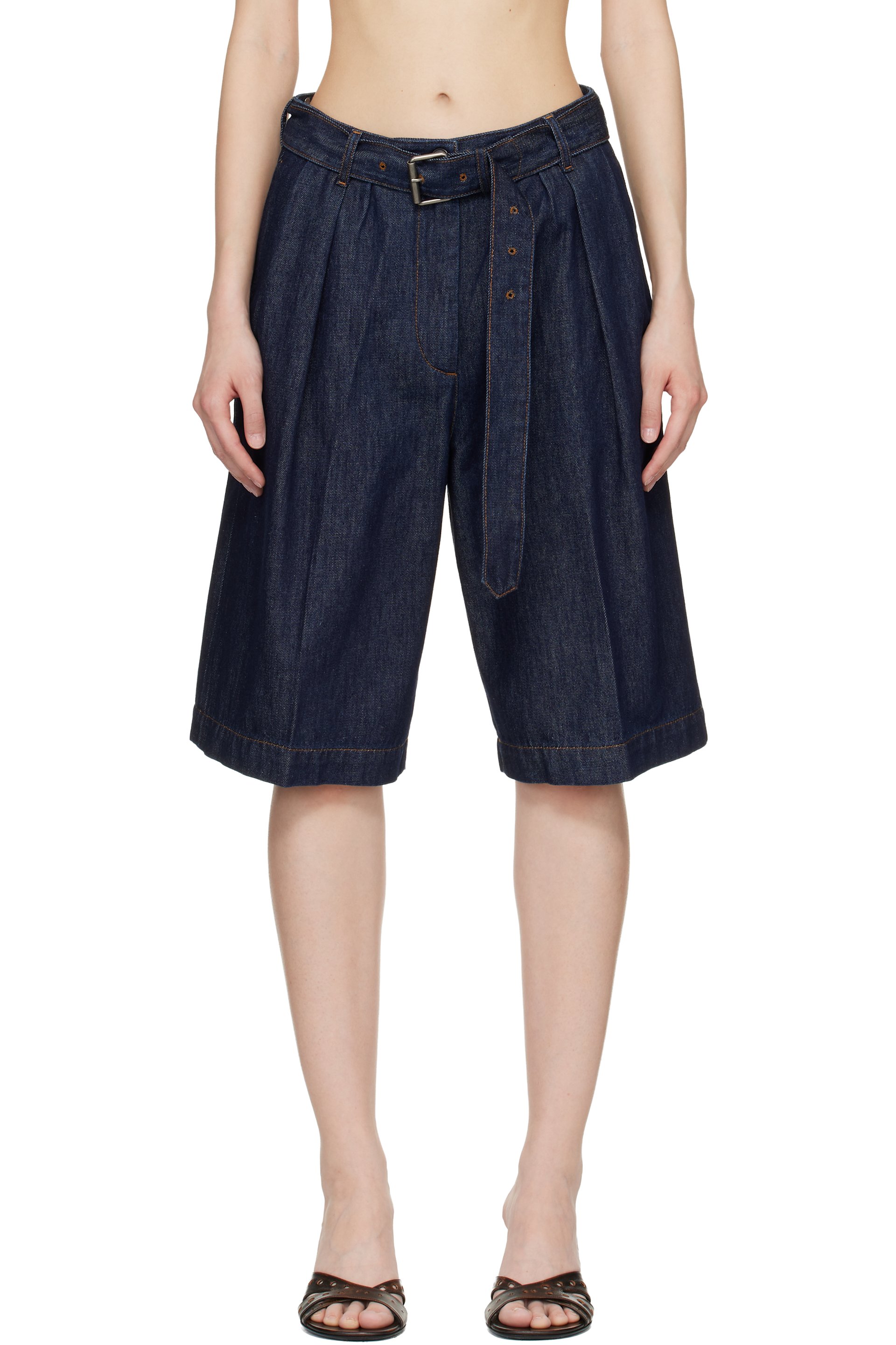 Dries Van Noten - Short bleu en denim à ceinture