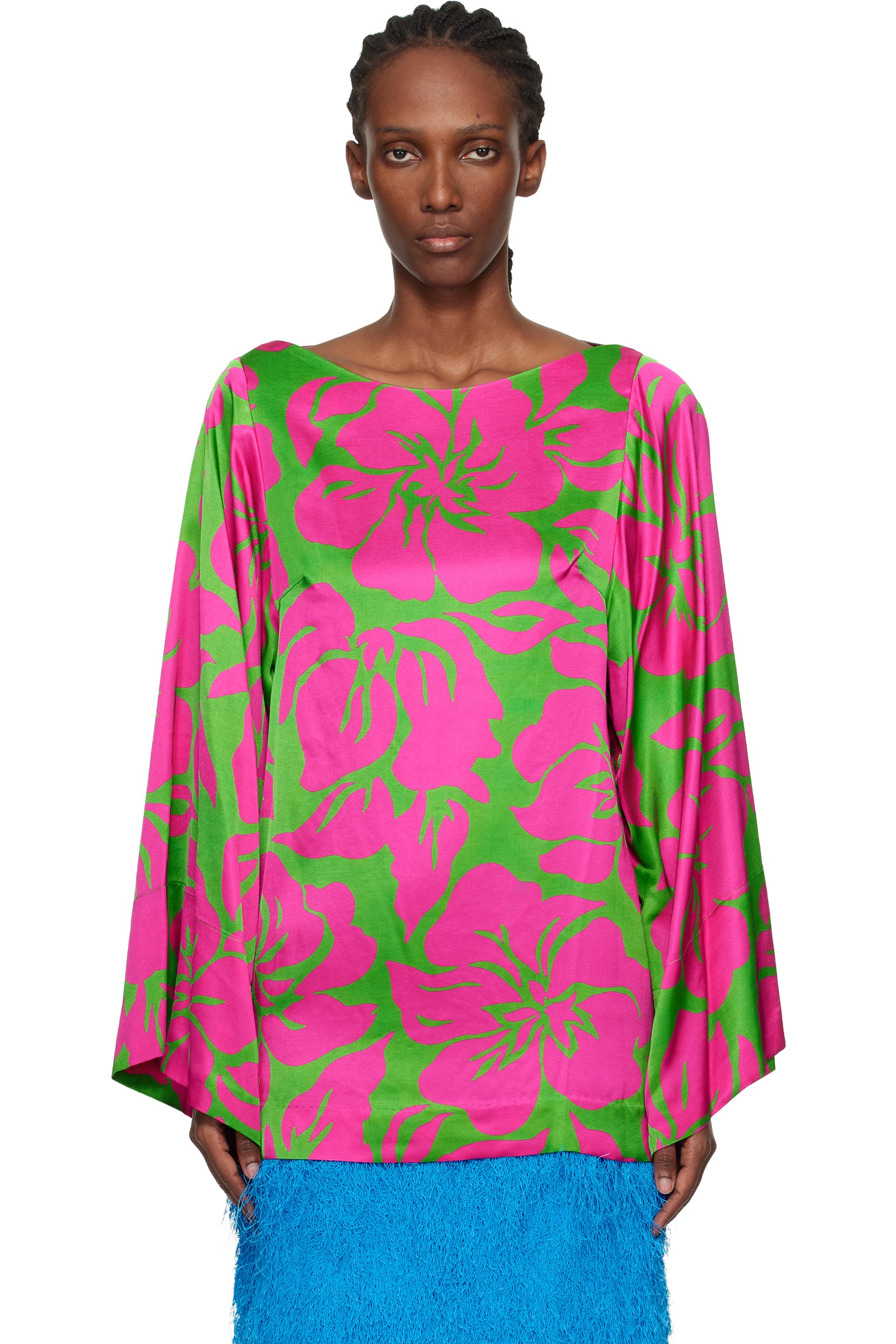 Dries Van Noten: Pink & Green Satin Floral Print Blouse | SSENSE