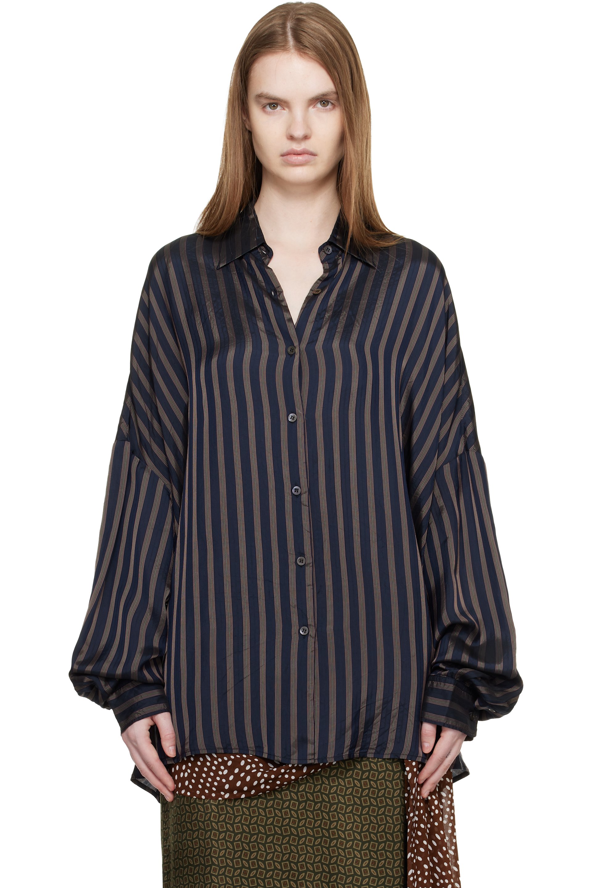 Dries Van Noten - Chemise bleu marine en coton à manches cocon
