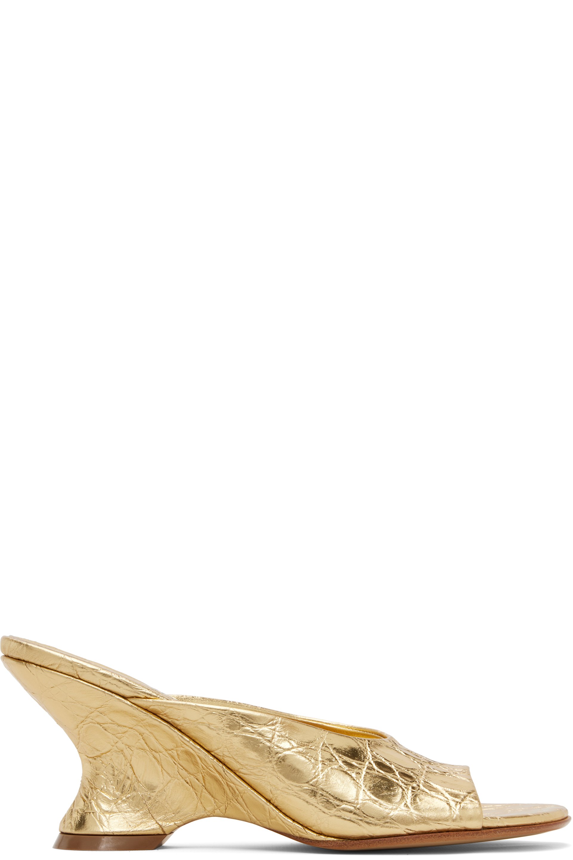 Dries Van Noten - Sandales de style mule à talon dorées en cuir à bout ouvert