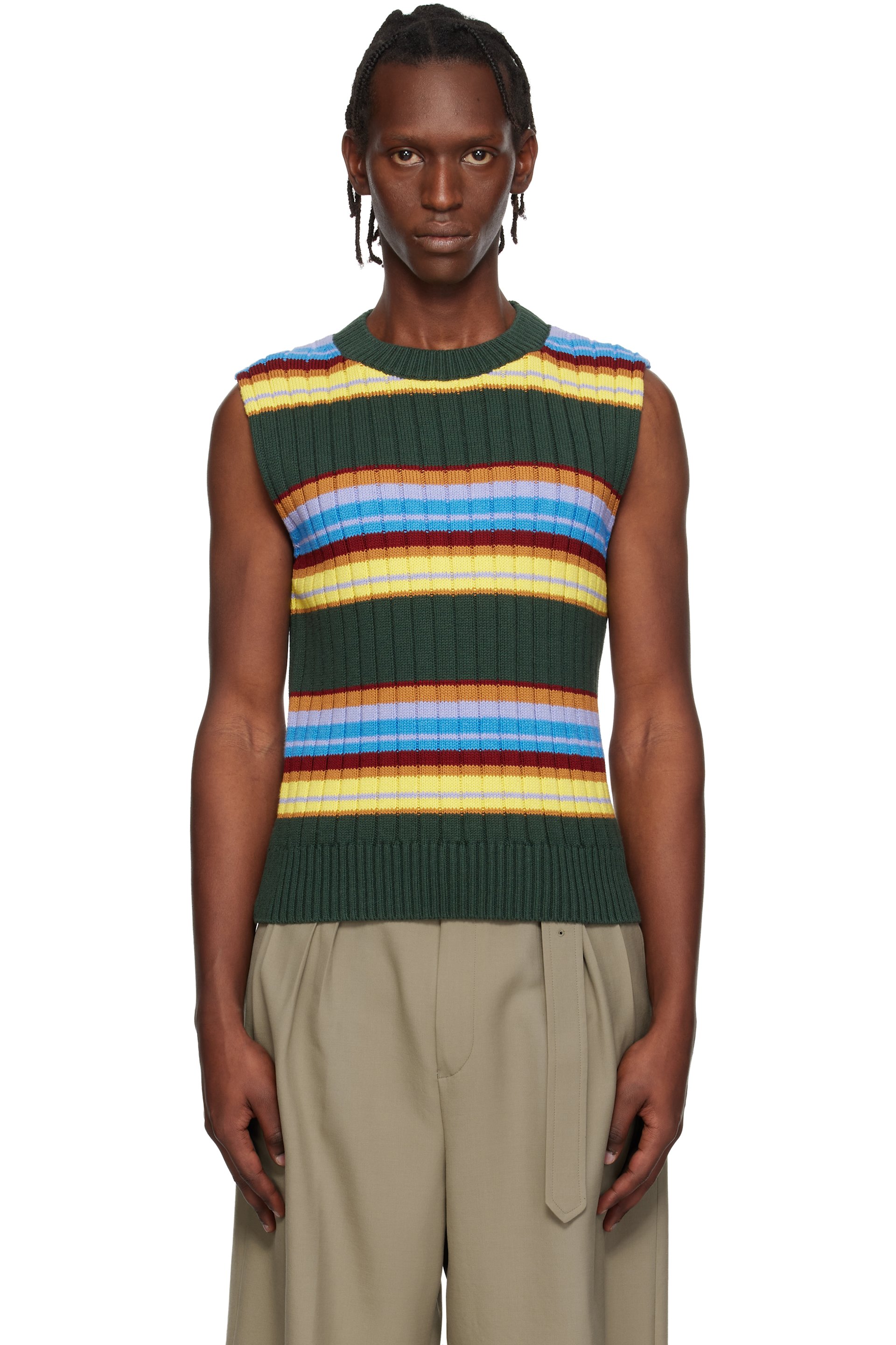 Dries Van Noten - Pull sans manches vert à rayures