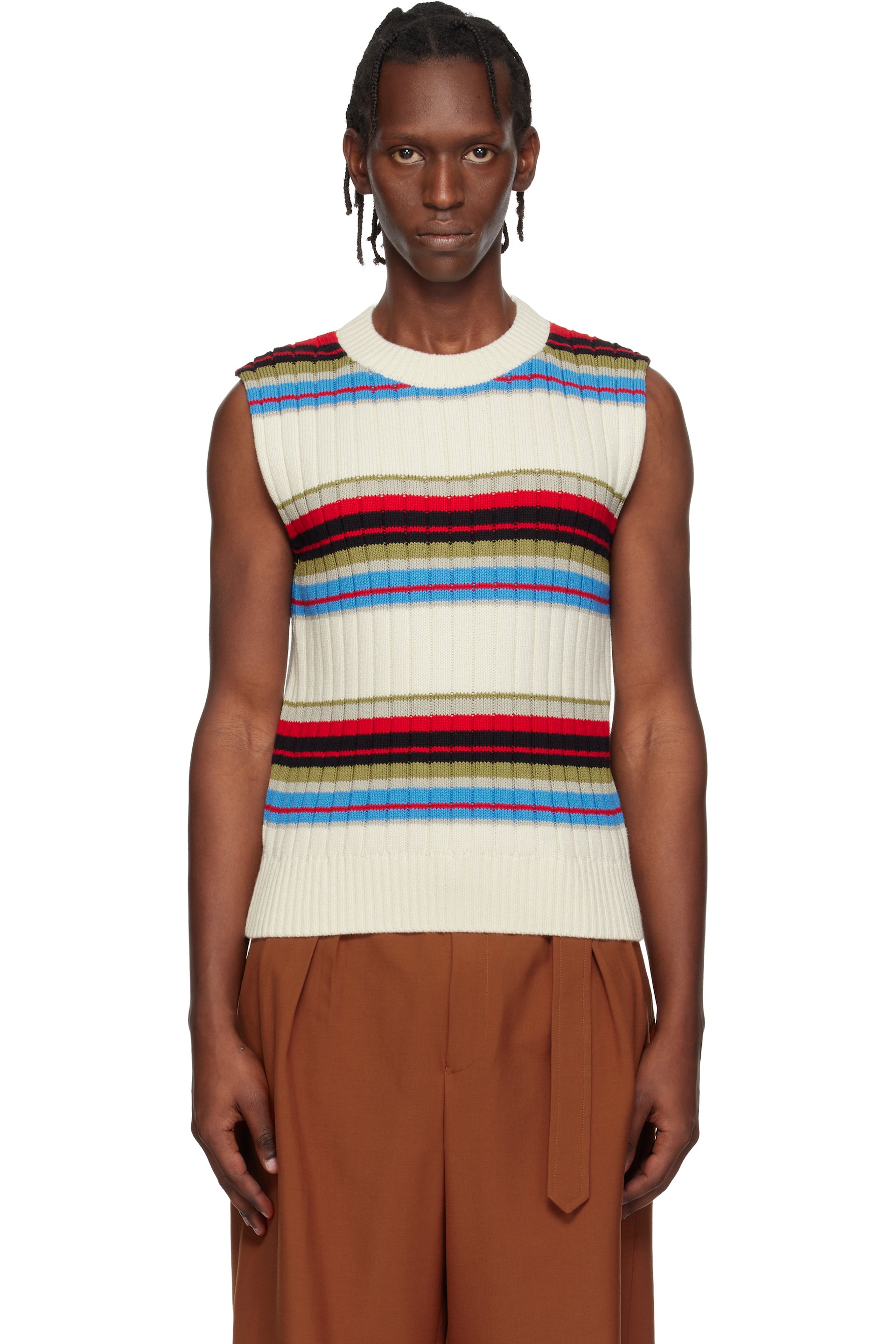 Dries Van Noten - Pull sans manches blanc cassé à rayures