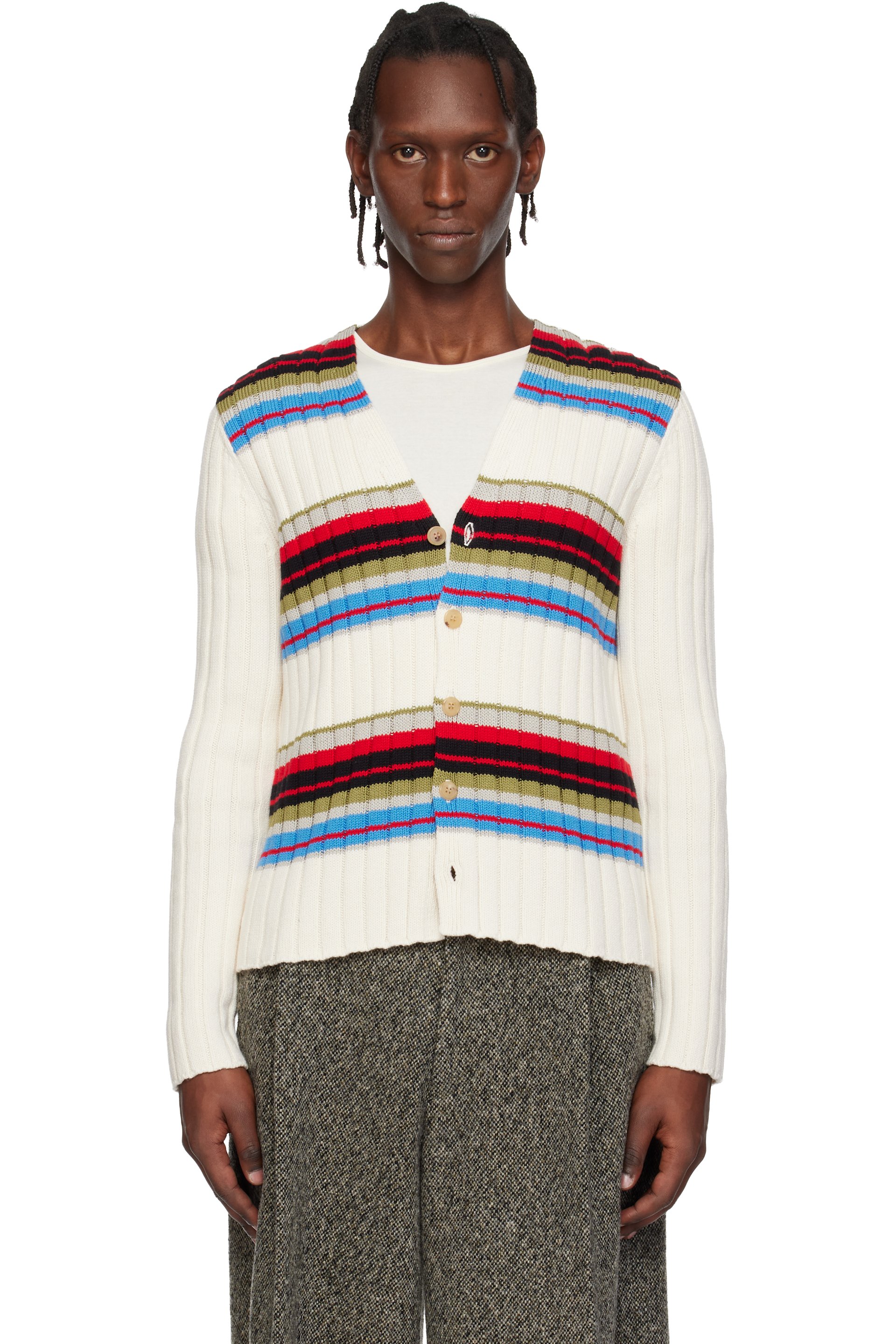 Dries Van Noten - Cardigan blanc cassé à rayures