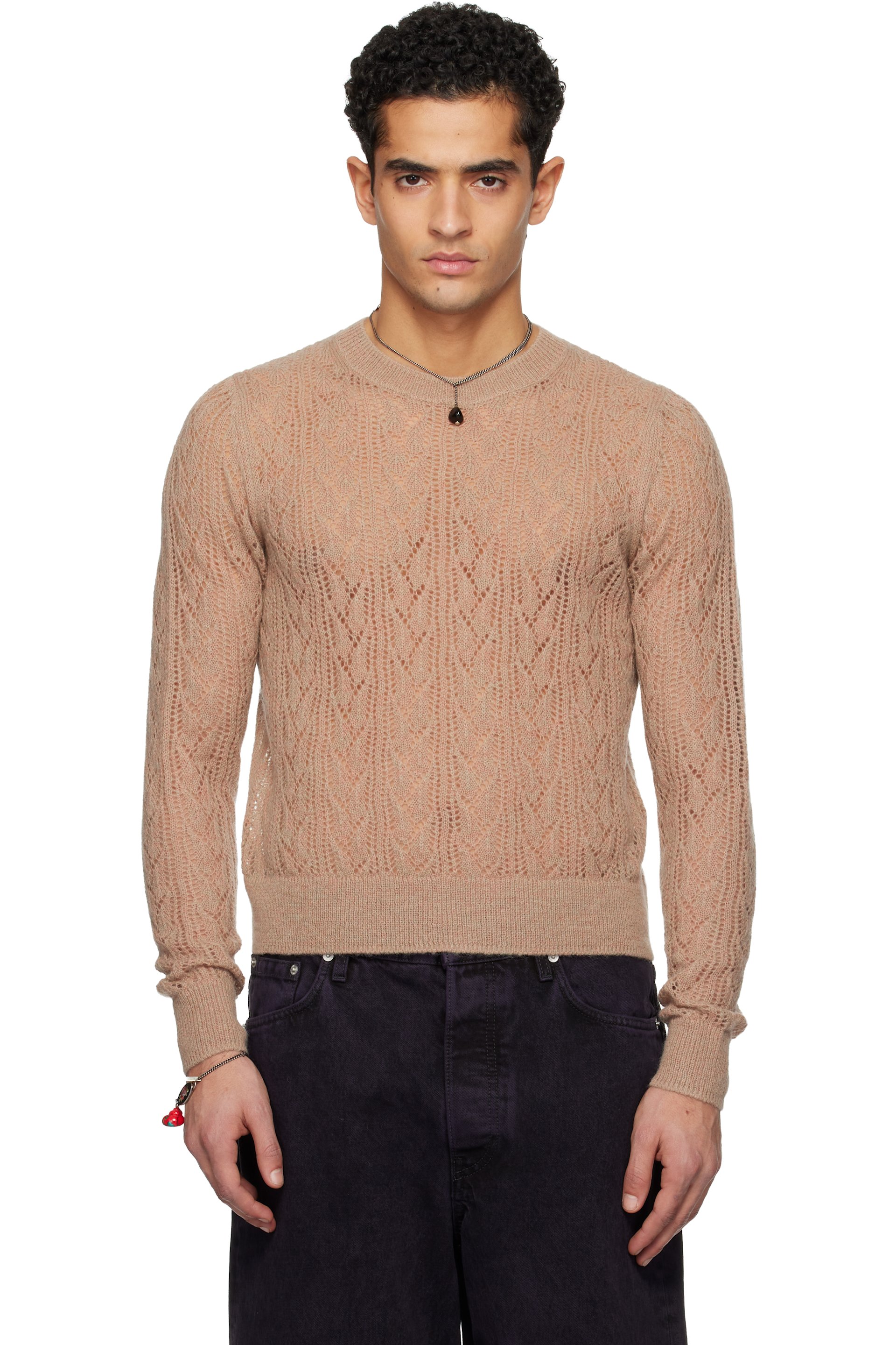 Dries Van Noten - Pull taupe en alpaga à garniture en dentelle