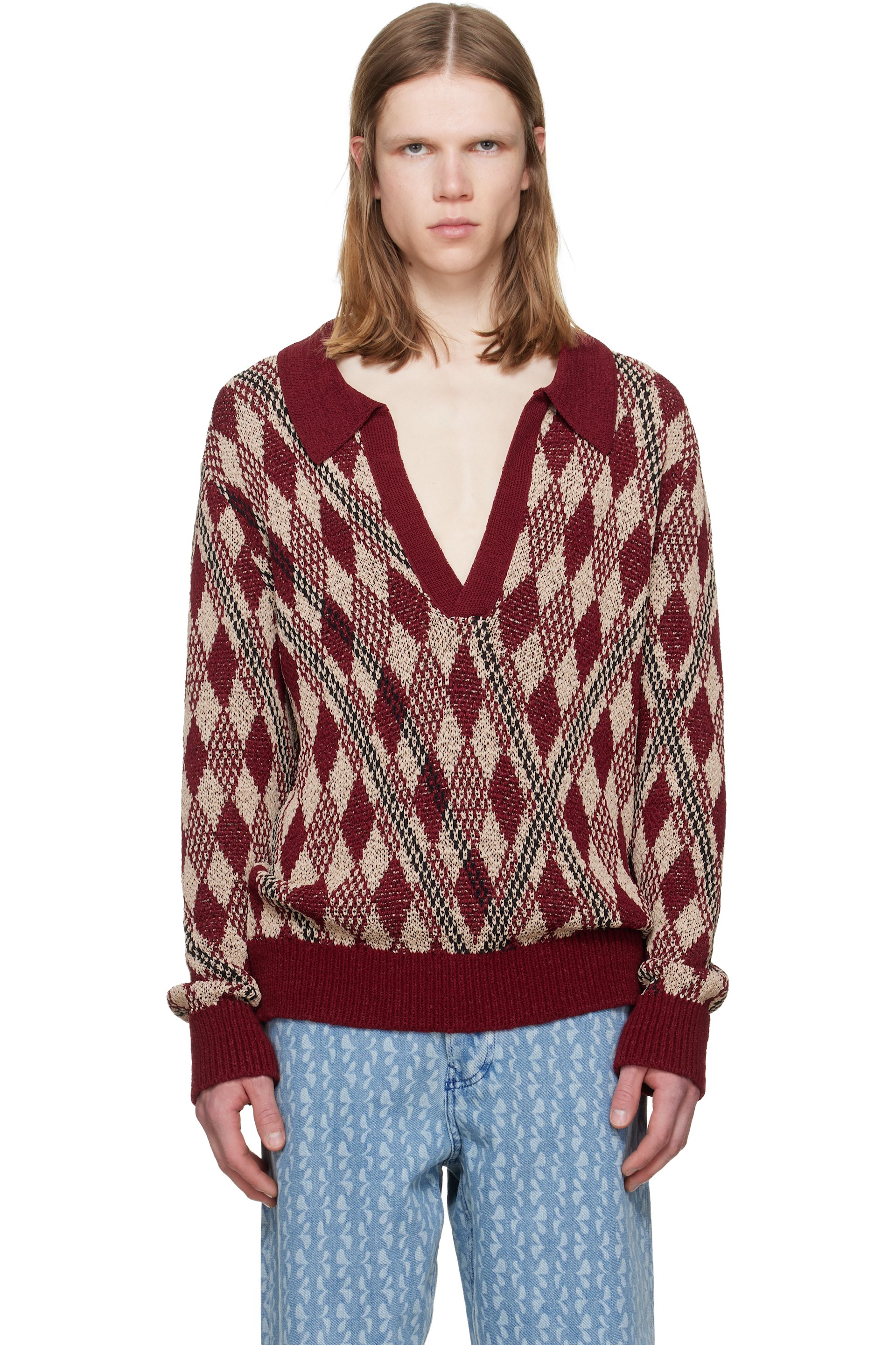 Dries Van Noten - Burgundy & Beige Argyle Polo