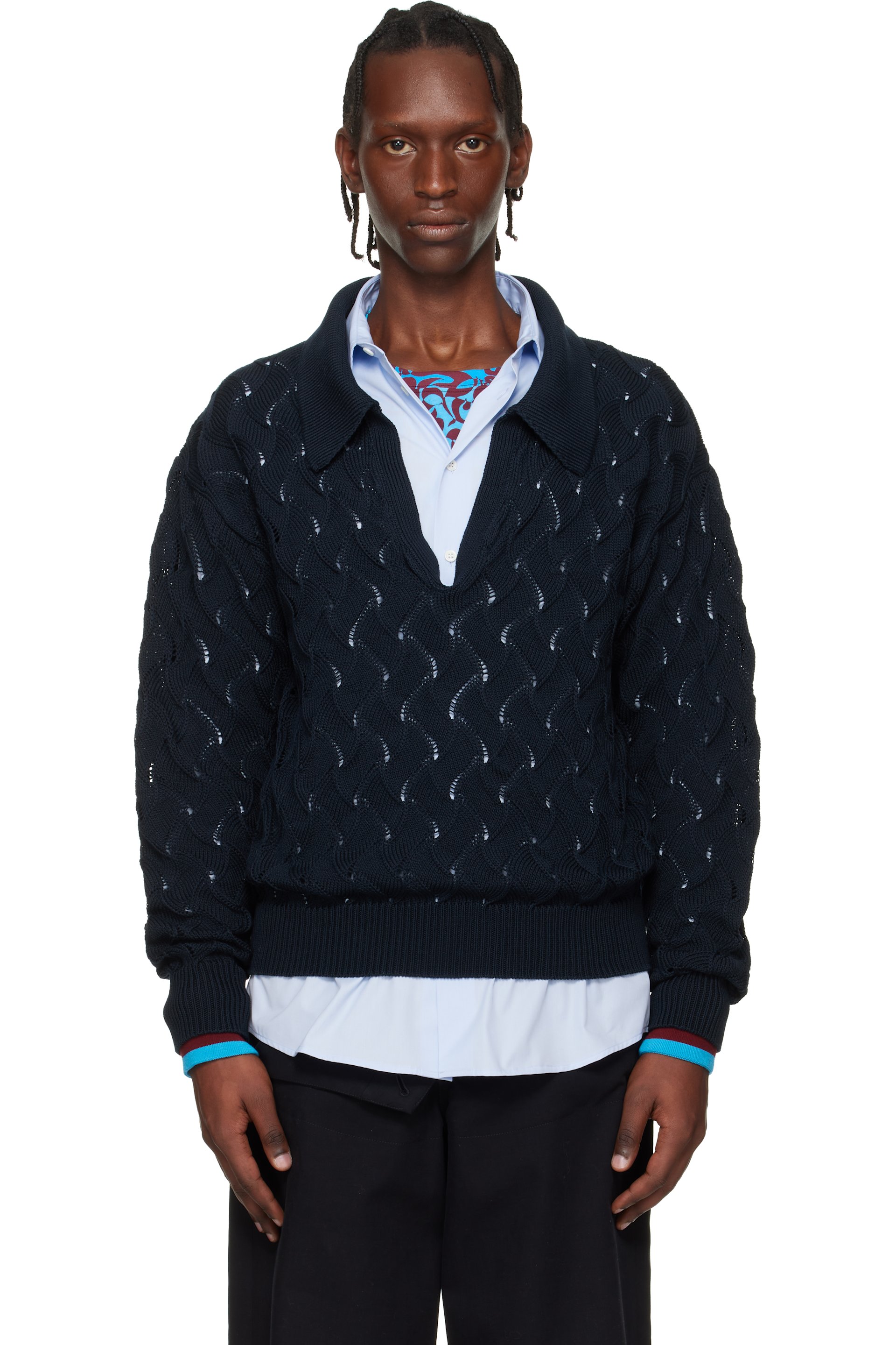 Dries Van Noten - Navy Lace Stitch Polo Sweater