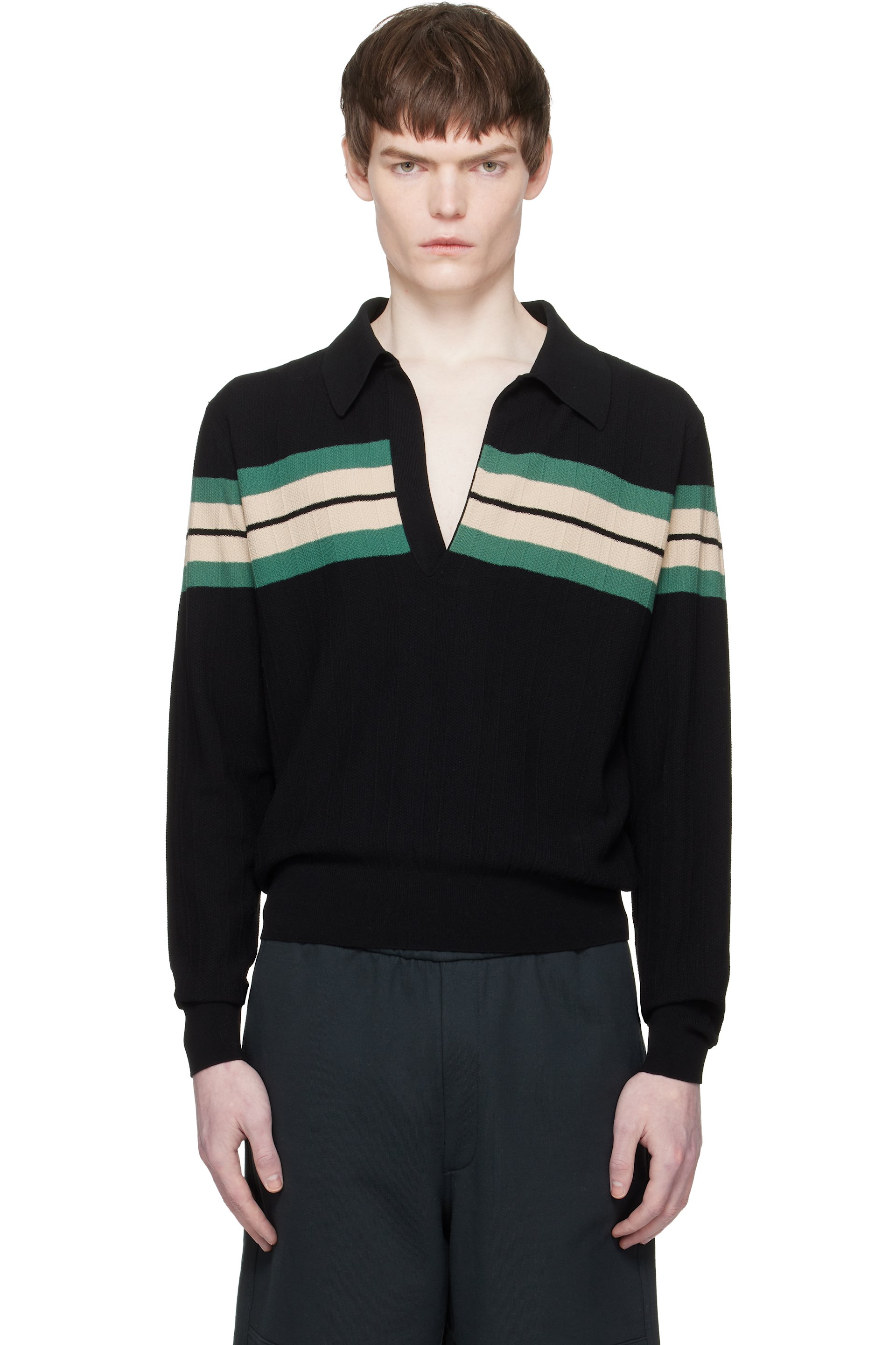 Dries Van Noten: ブラック Block Stripe ニットポロシャツ | SSENSE 日本