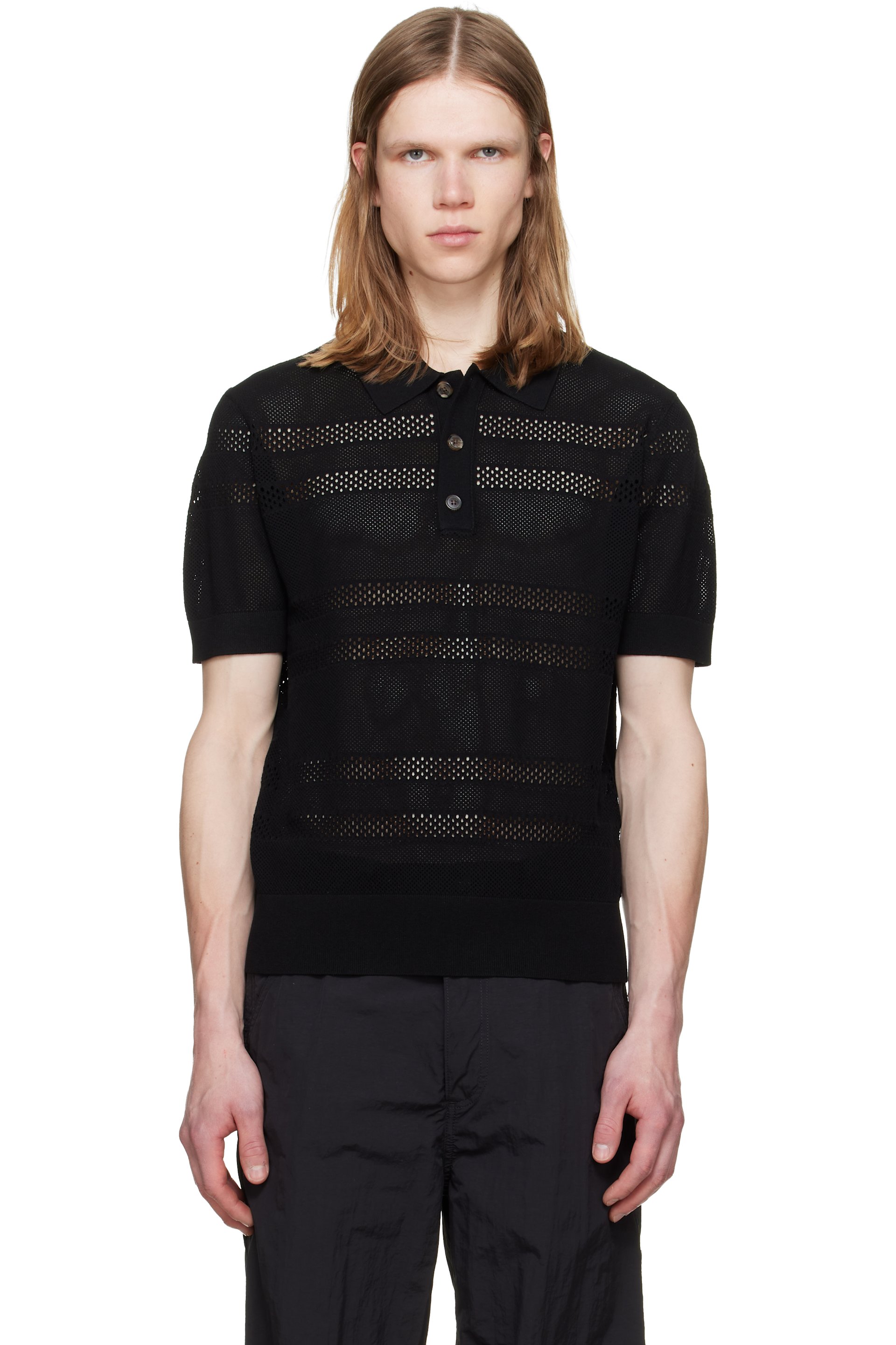 美品　ドリスヴァンノッテン　透かし編みニットポロシャツ　ブラック　M位 メンズ用 Dries Van Noten ポロシャツ | SSENSE 日本