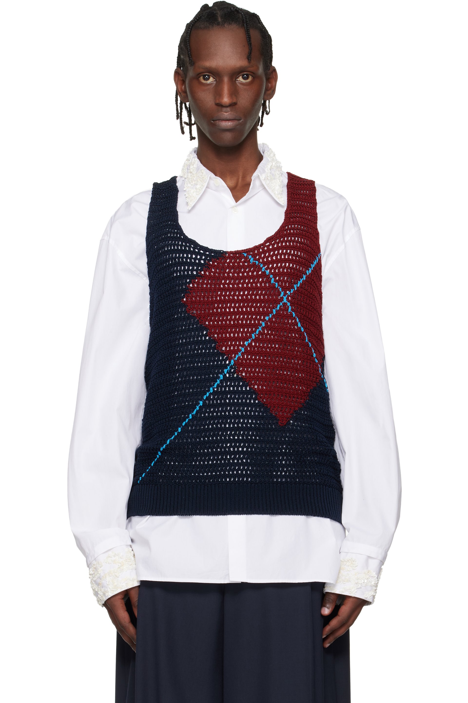 Dries Van Noten - Navy & Burgundy Argyle Tank Top