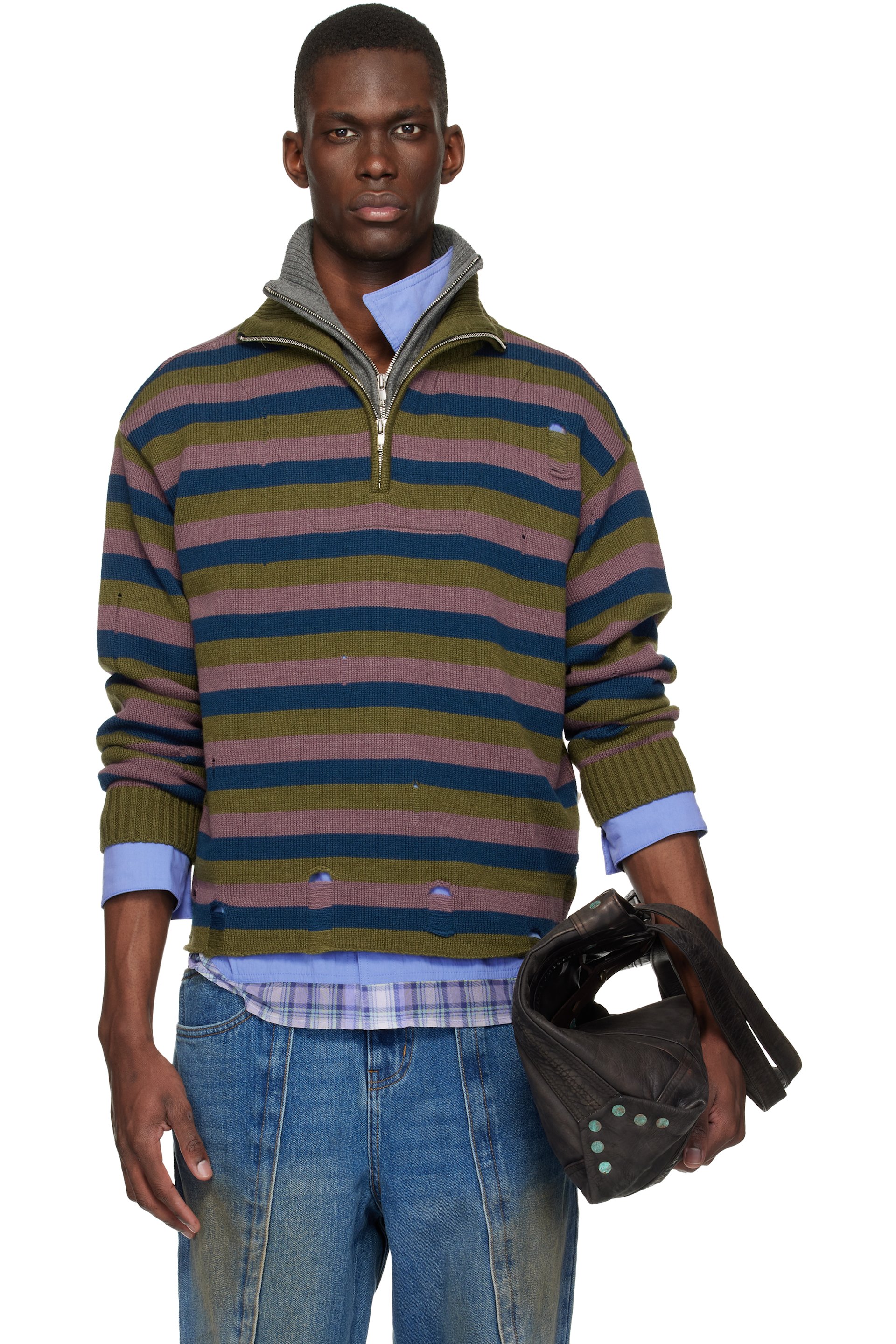 Andersson Bell - Blue & Gray Double Layered Stripe Half Zip-Up Sweater