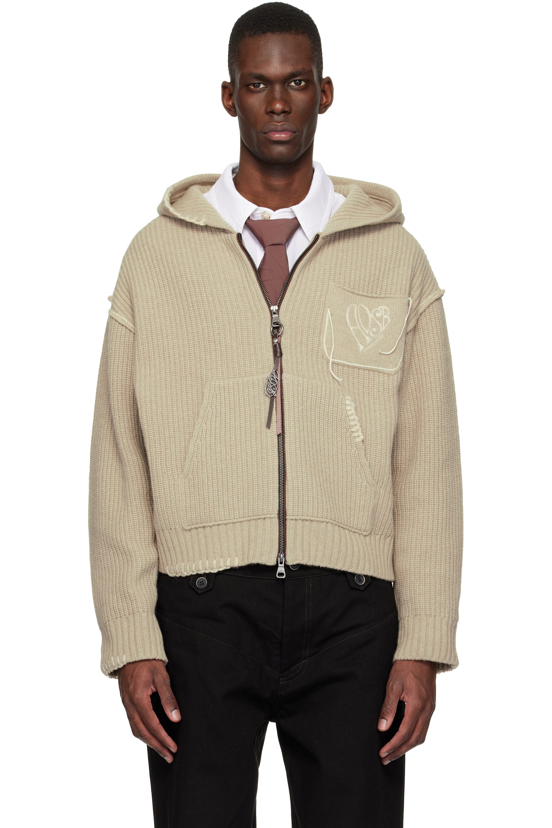 Andersson Bell - Beige Heart Logo Zip-Up Hoodie