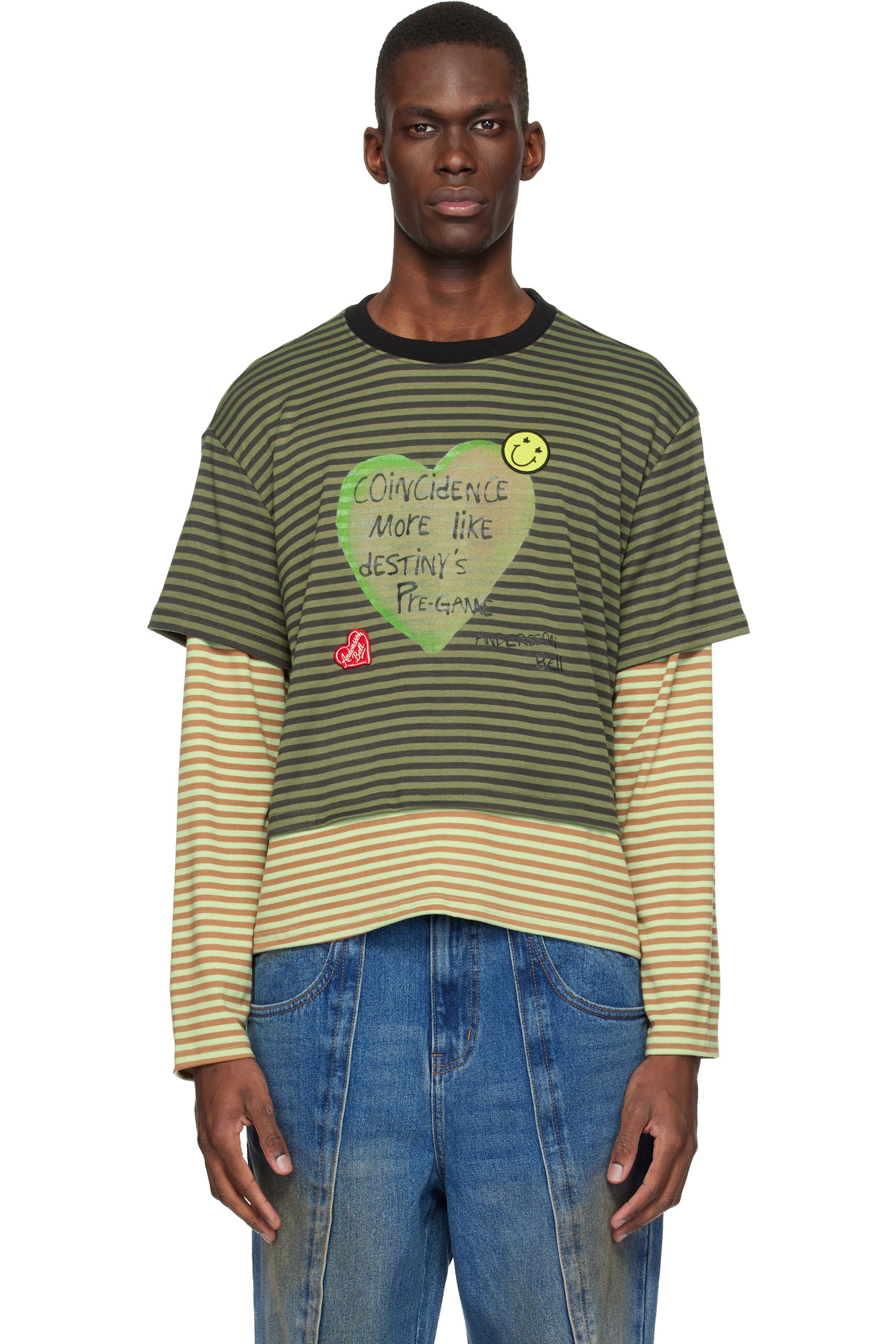 Andersson Bell - Khaki Essential Heart Message Stripe Layered LS T-shirt