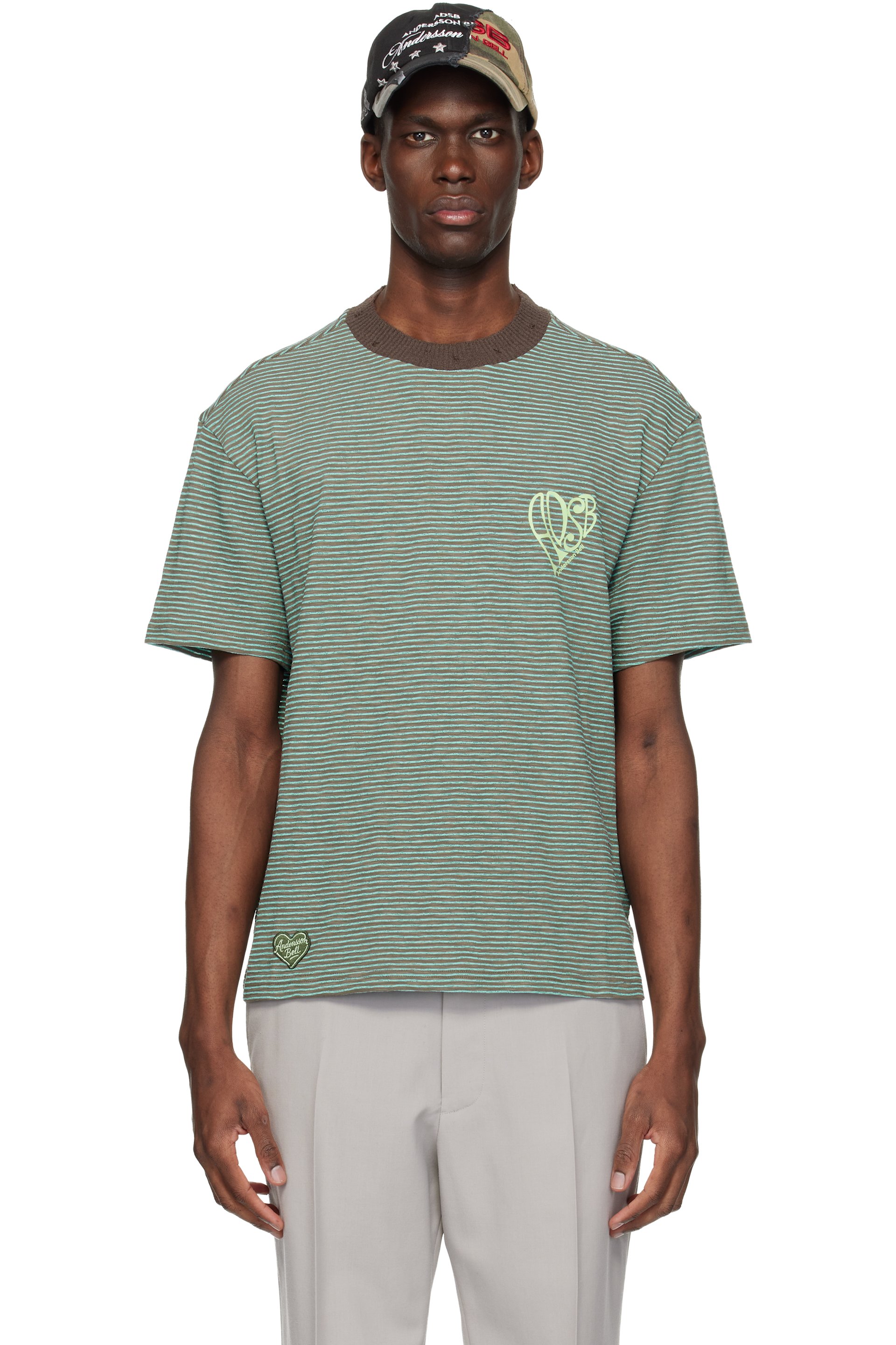 Andersson Bell - Brown & Blue Essential Heart Logo Stripe T-shirt