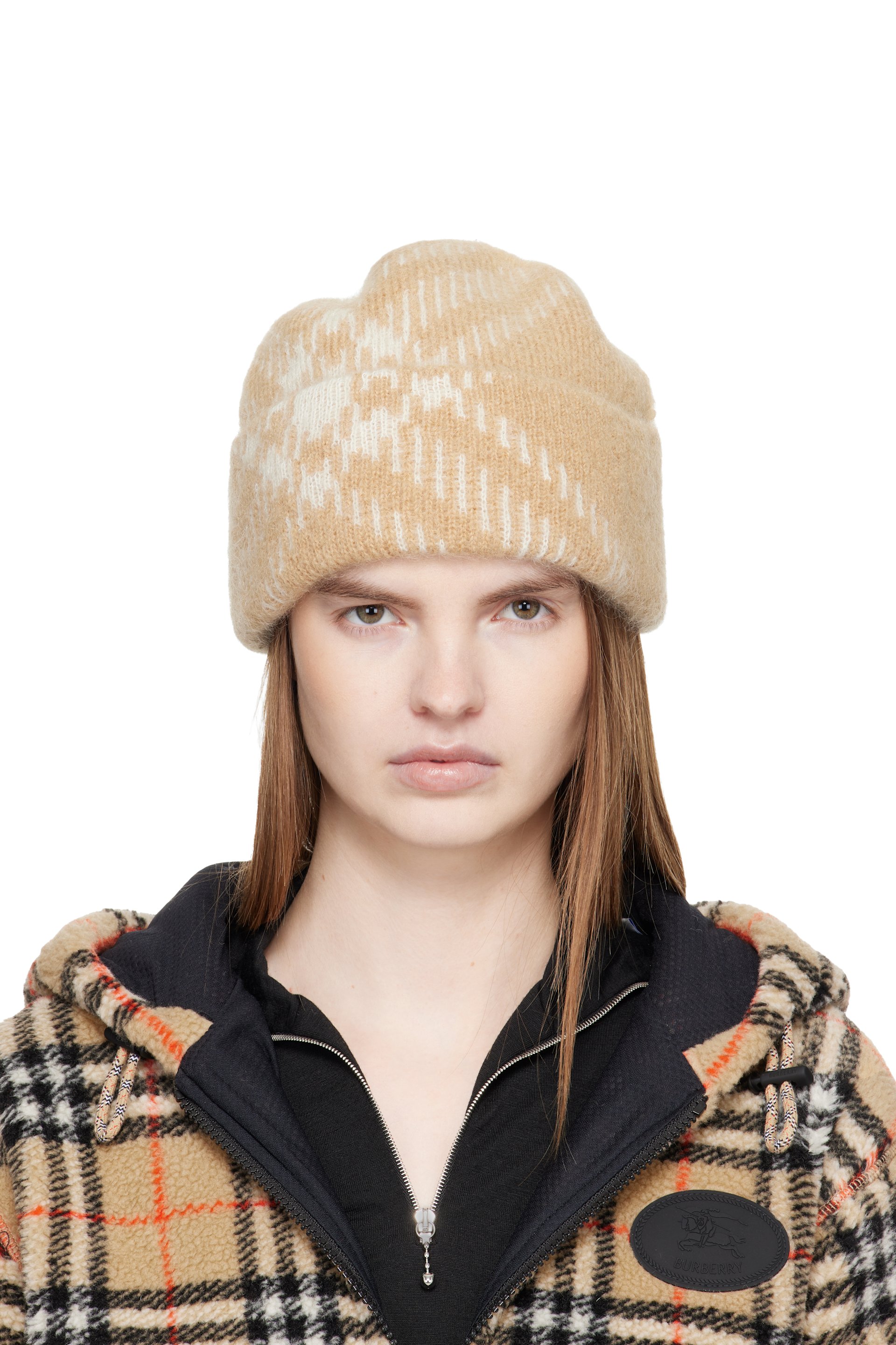 Burberry: Beige Check Mohair Wool Blend Beanie | SSENSE Canada
