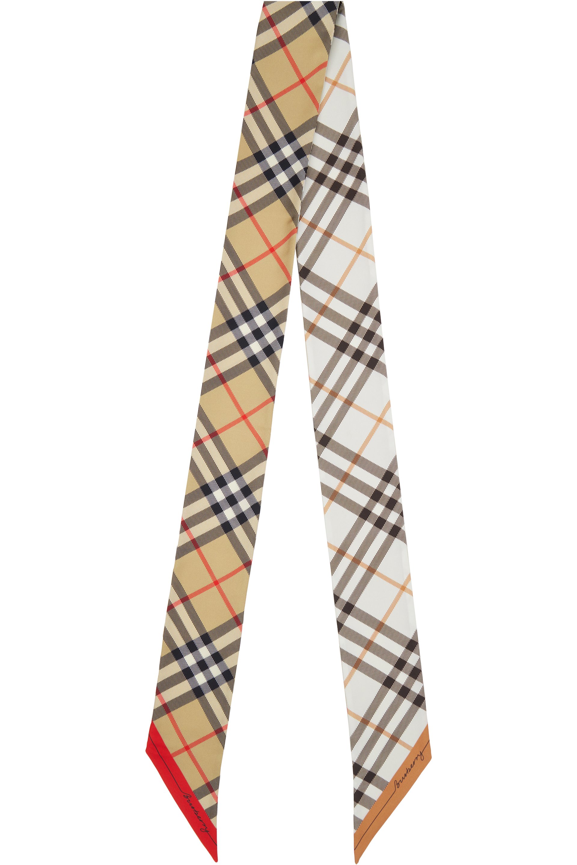 Burberry - Foulard étroit beige et blanc cassé en soie à carreaux