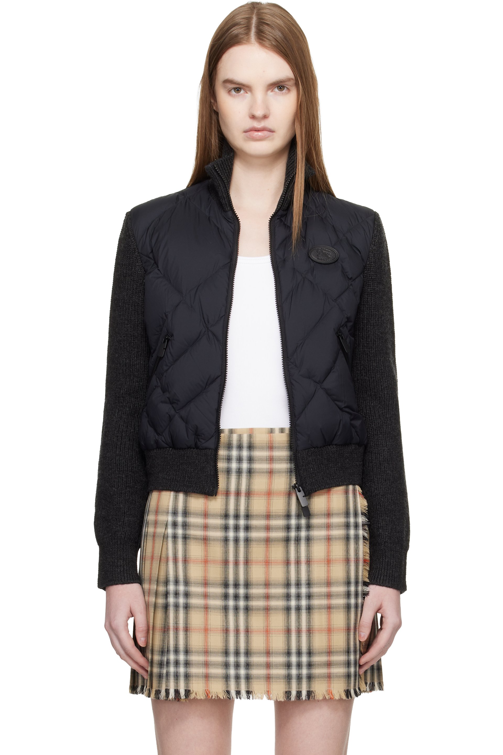 Burberry - Blouson aviateur matelassé noir en nylon et laine