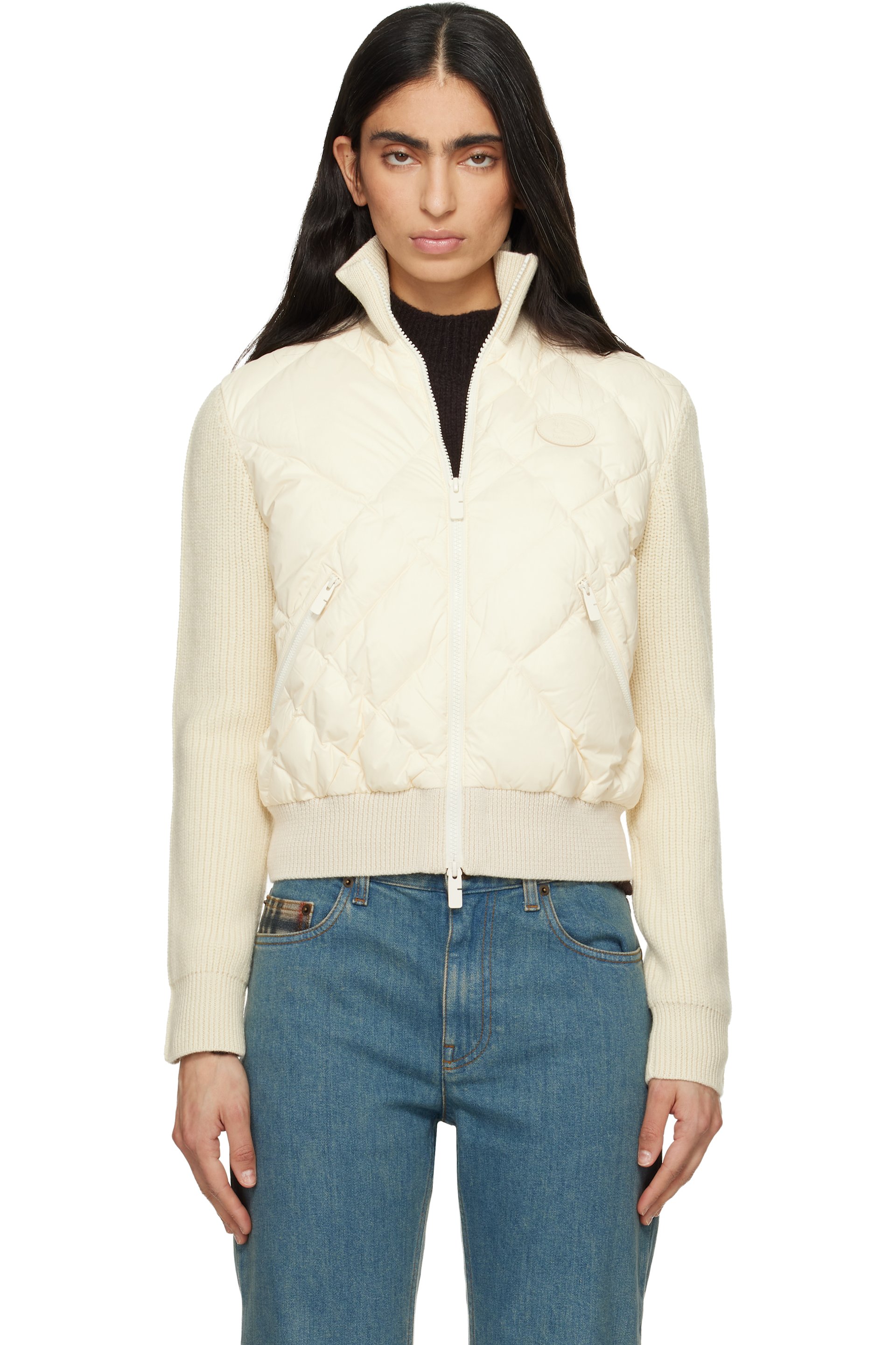 Burberry - Blouson blanc cassé en nylon et laine à carreaux