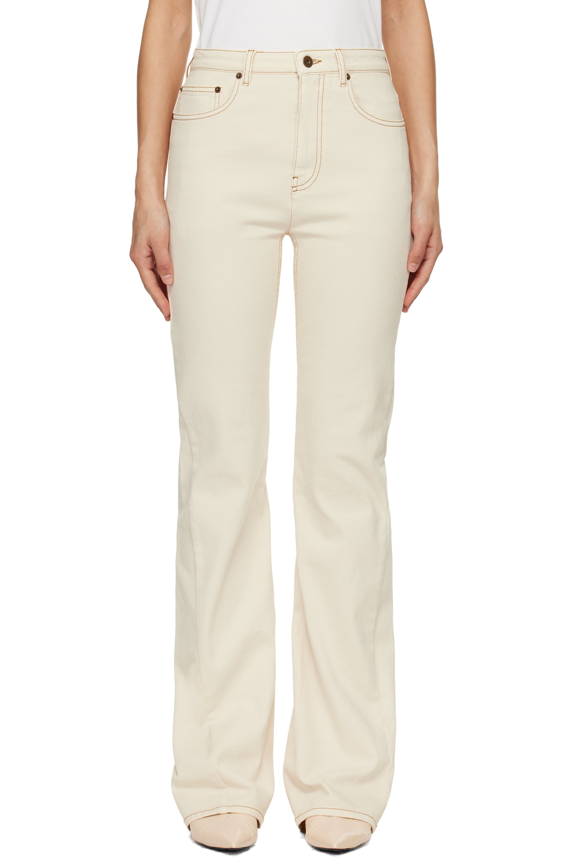 Burberry - Jean semi-évasé blanc cassé à taille haute