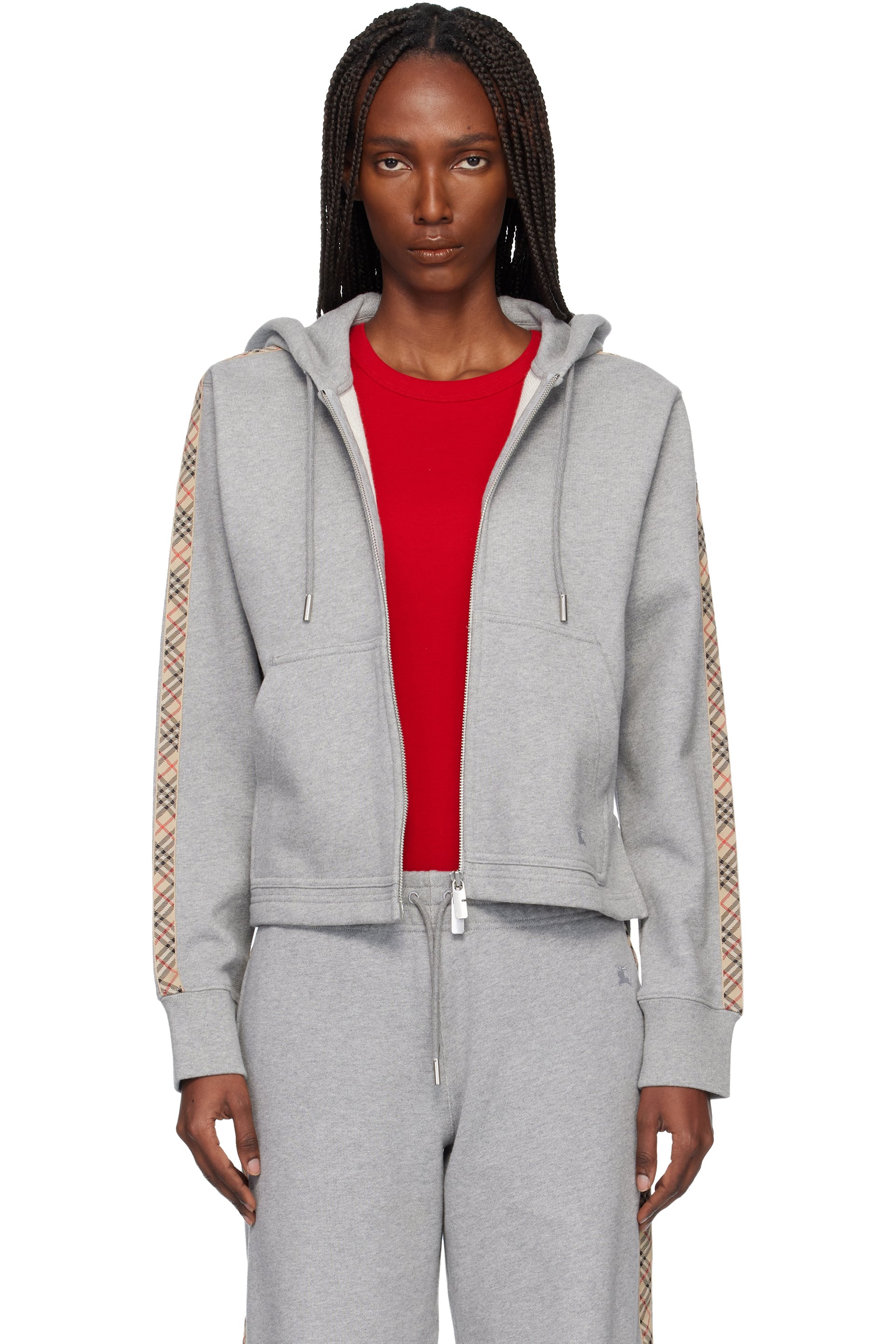 Burberry - Pull à capuche gris en coton à garnitures à carreaux