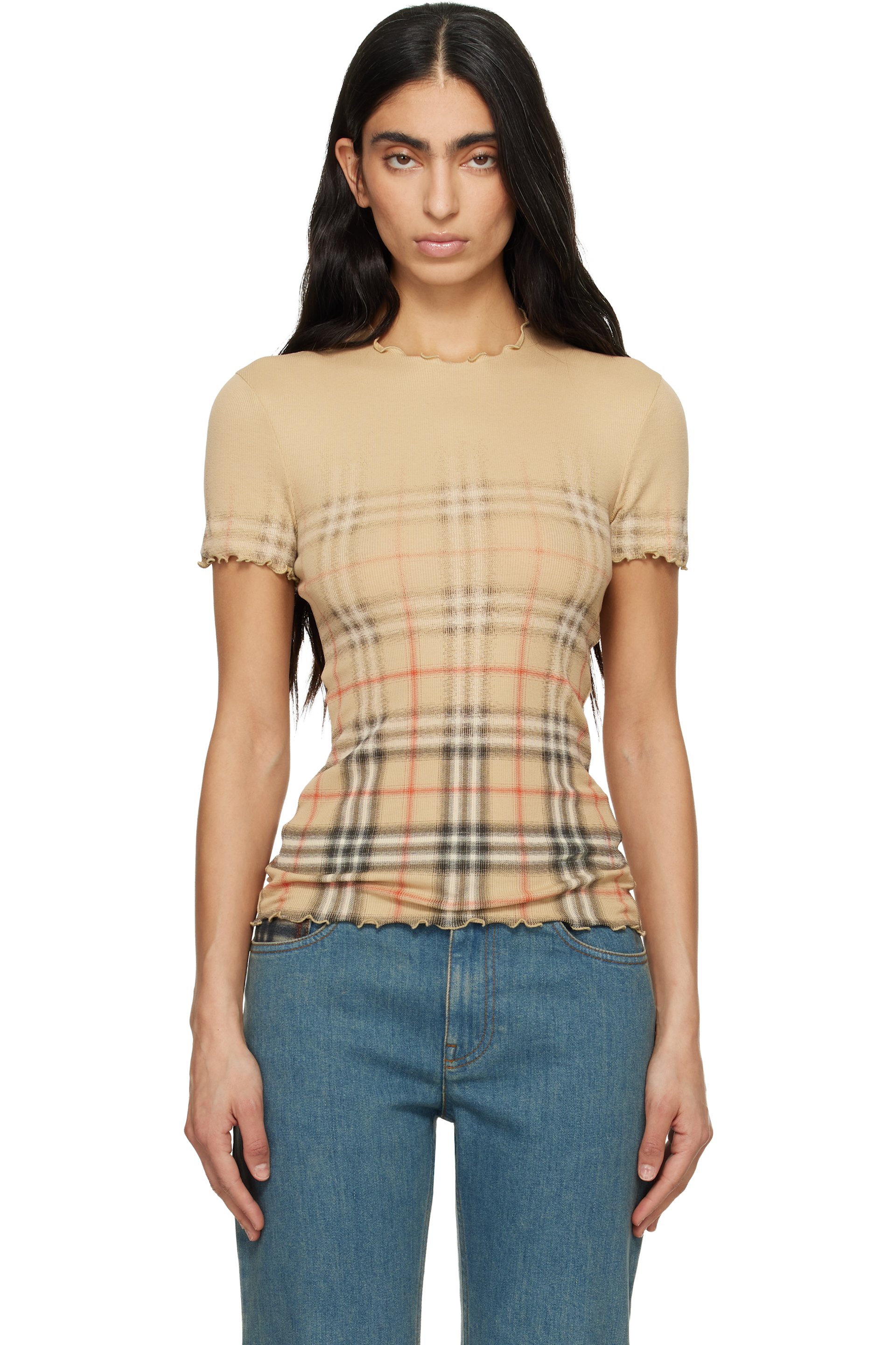 Burberry - T-shirt dégradé beige en tricot extensible coton extensible à carreaux
