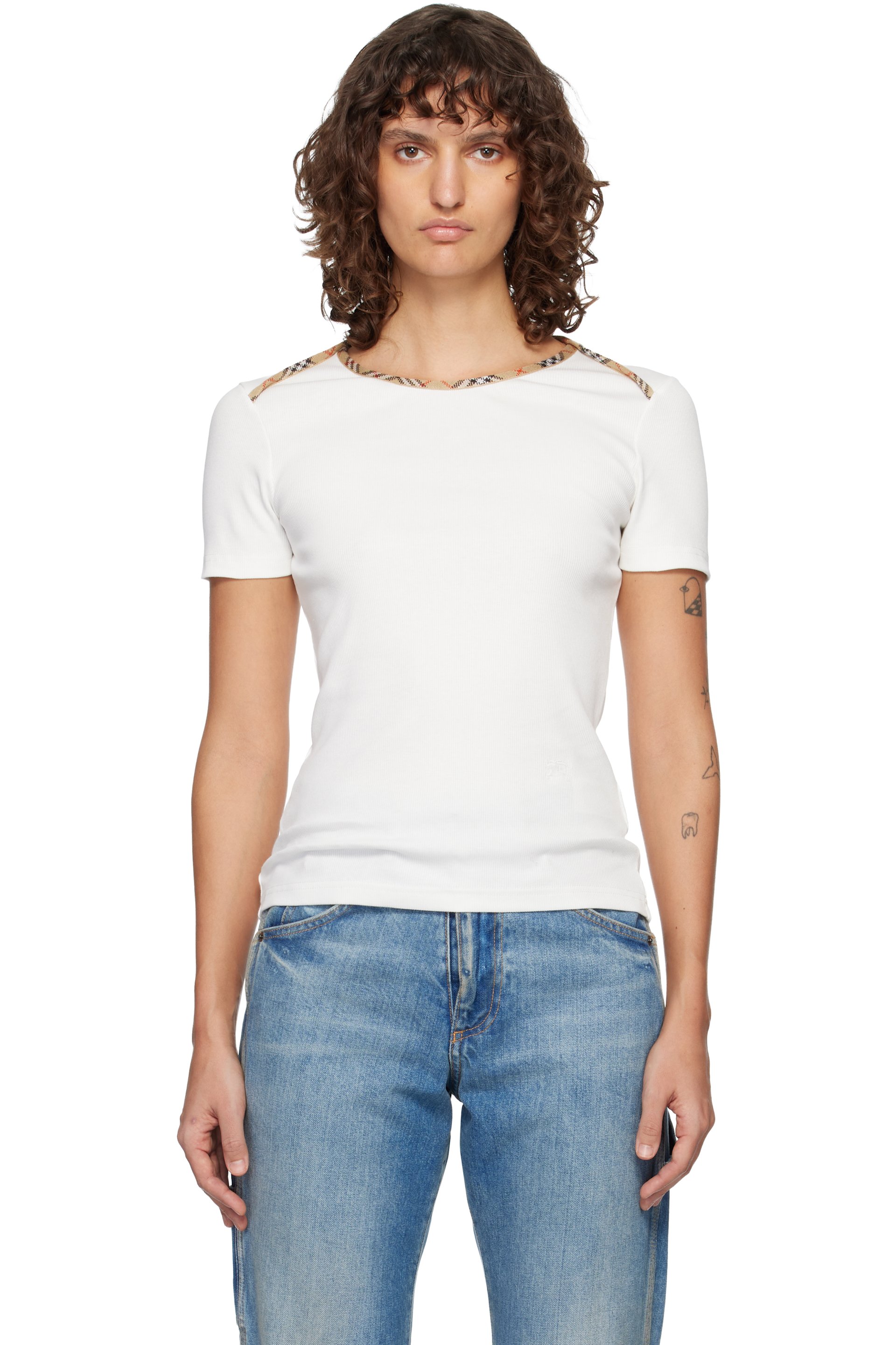 Burberry - T-shirt blanc en jersey extensible de coton à garniture à carreaux