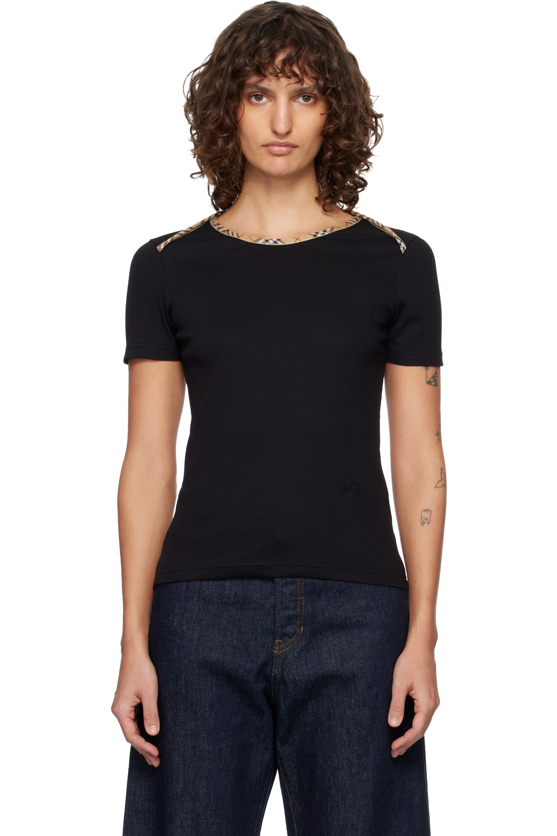 Burberry - T-shirt noir en jersey extensible de coton à garniture à carreaux
