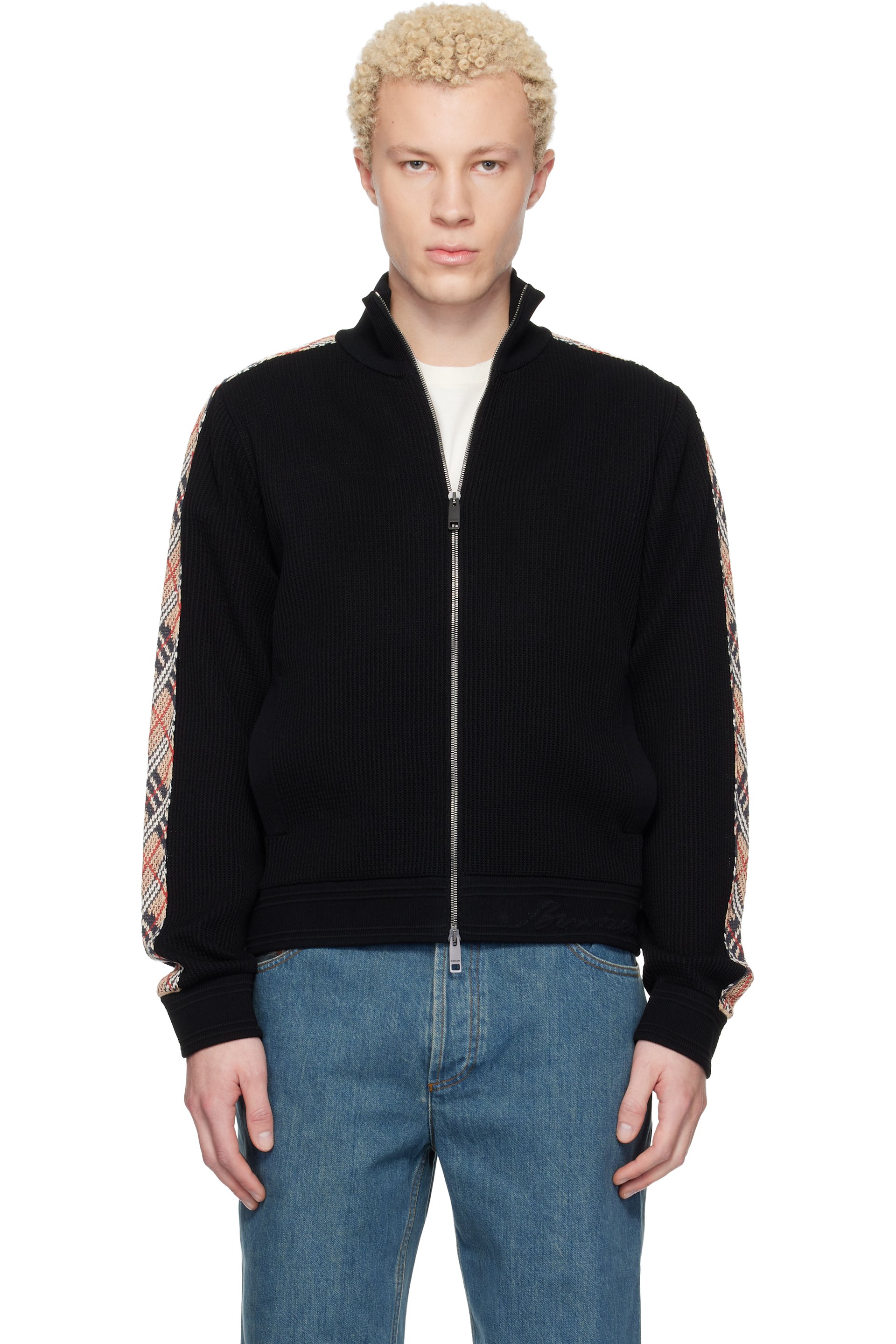 Burberry - Black Check Trim Zip-Up Sweater
