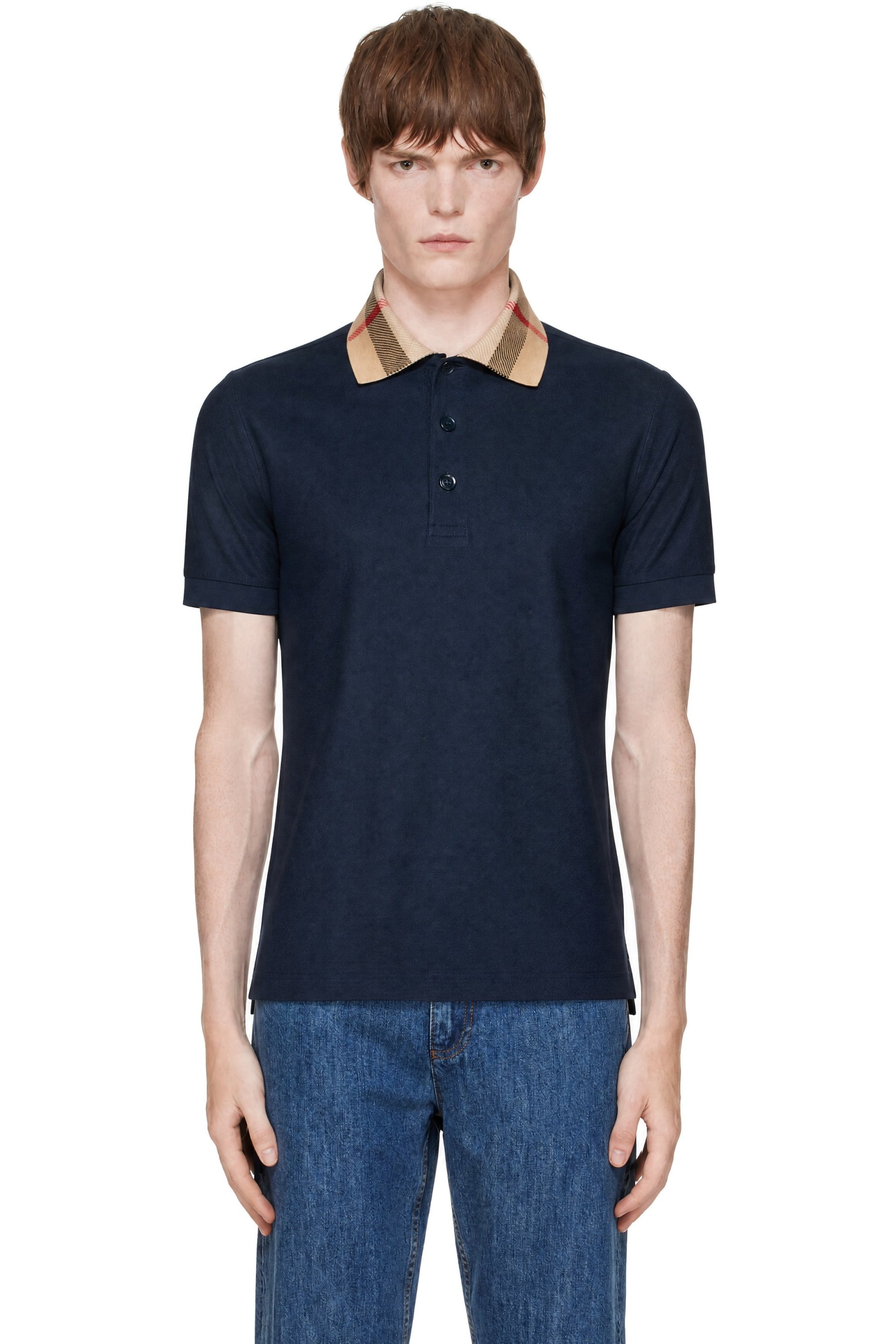 Burberry - Polo bleu marine en coton à col à carreaux