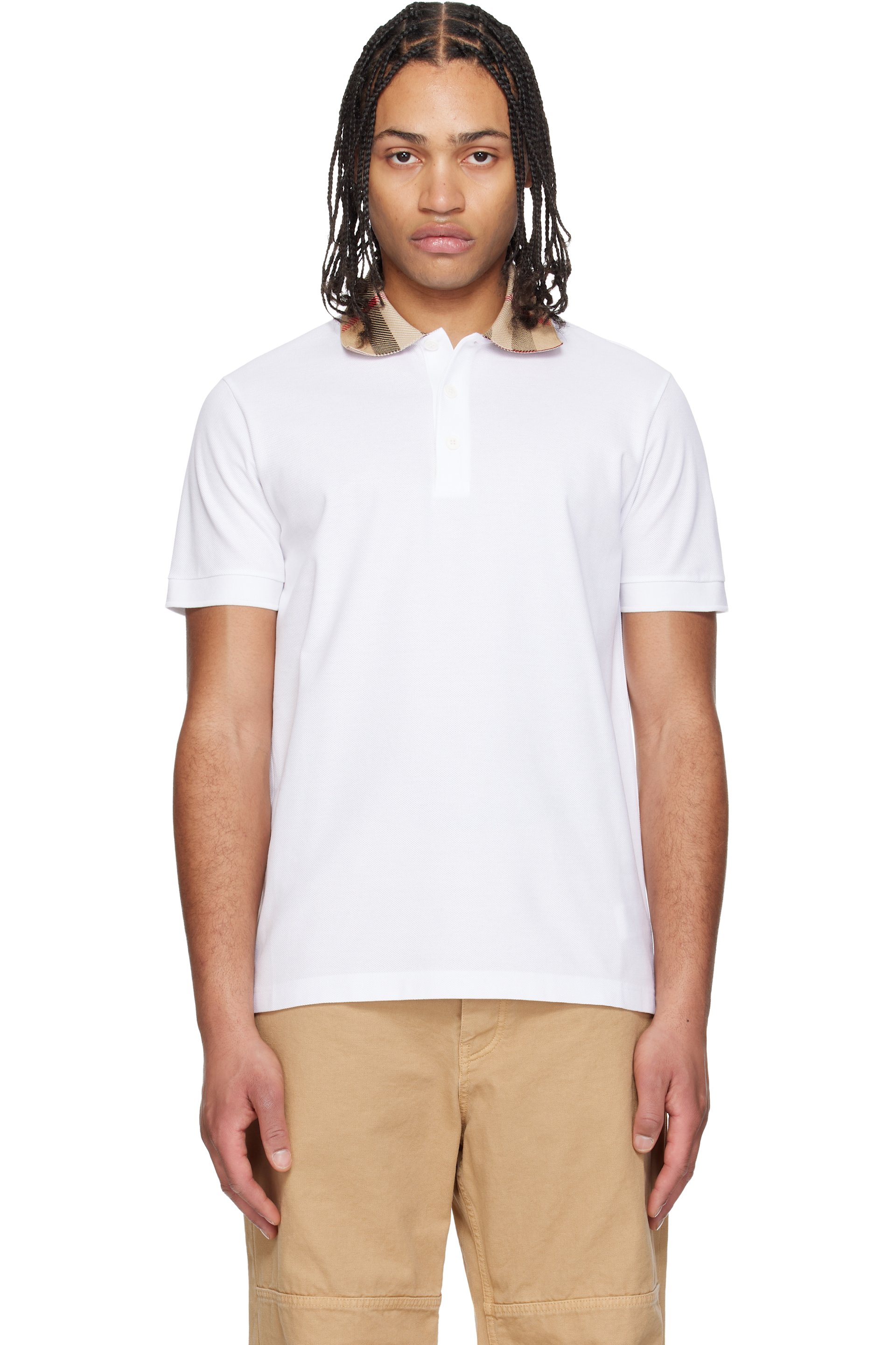Burberry - White Check Collar Cotton Polo