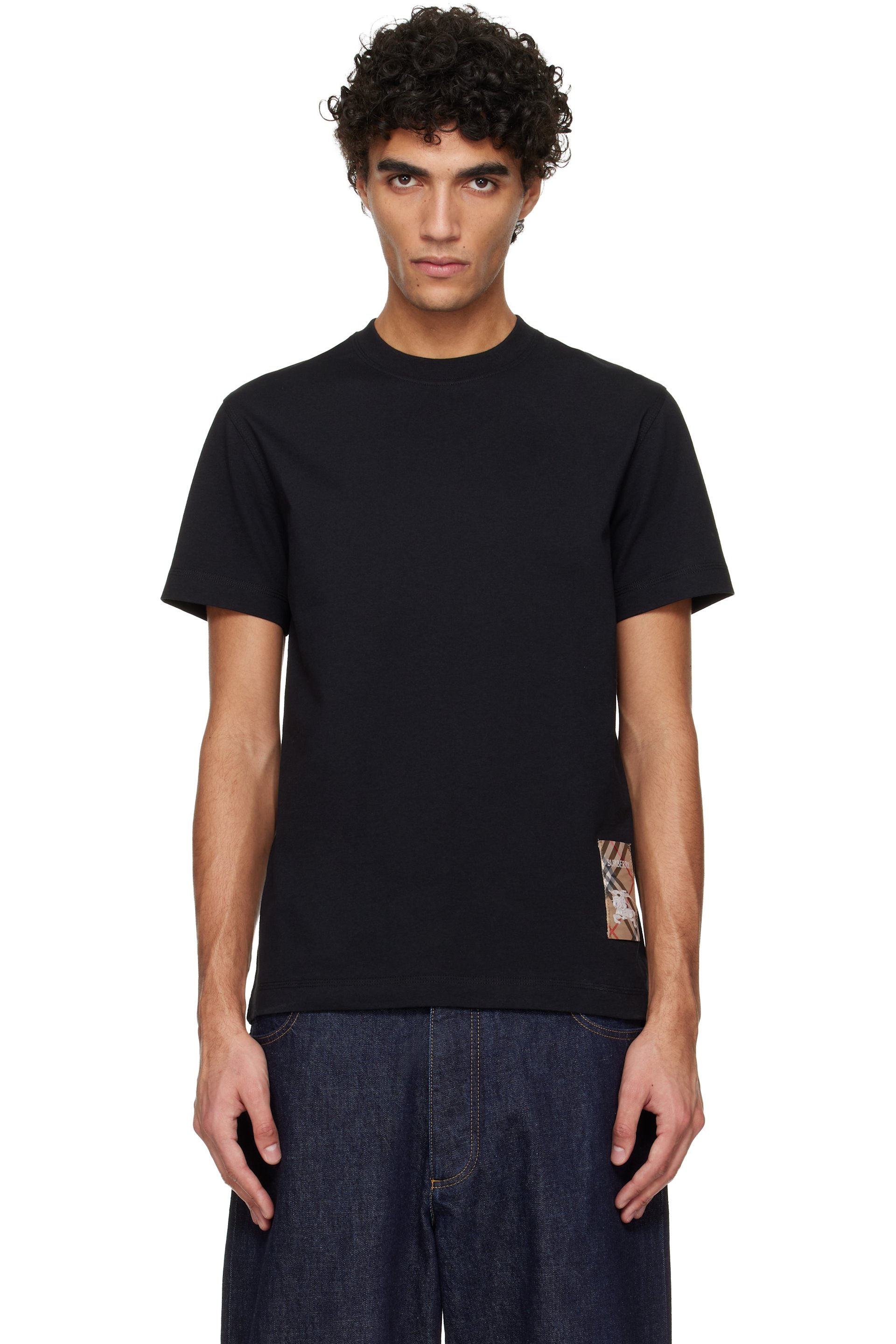 Burberry: Black Check Label Cotton T-shirt | SSENSE
