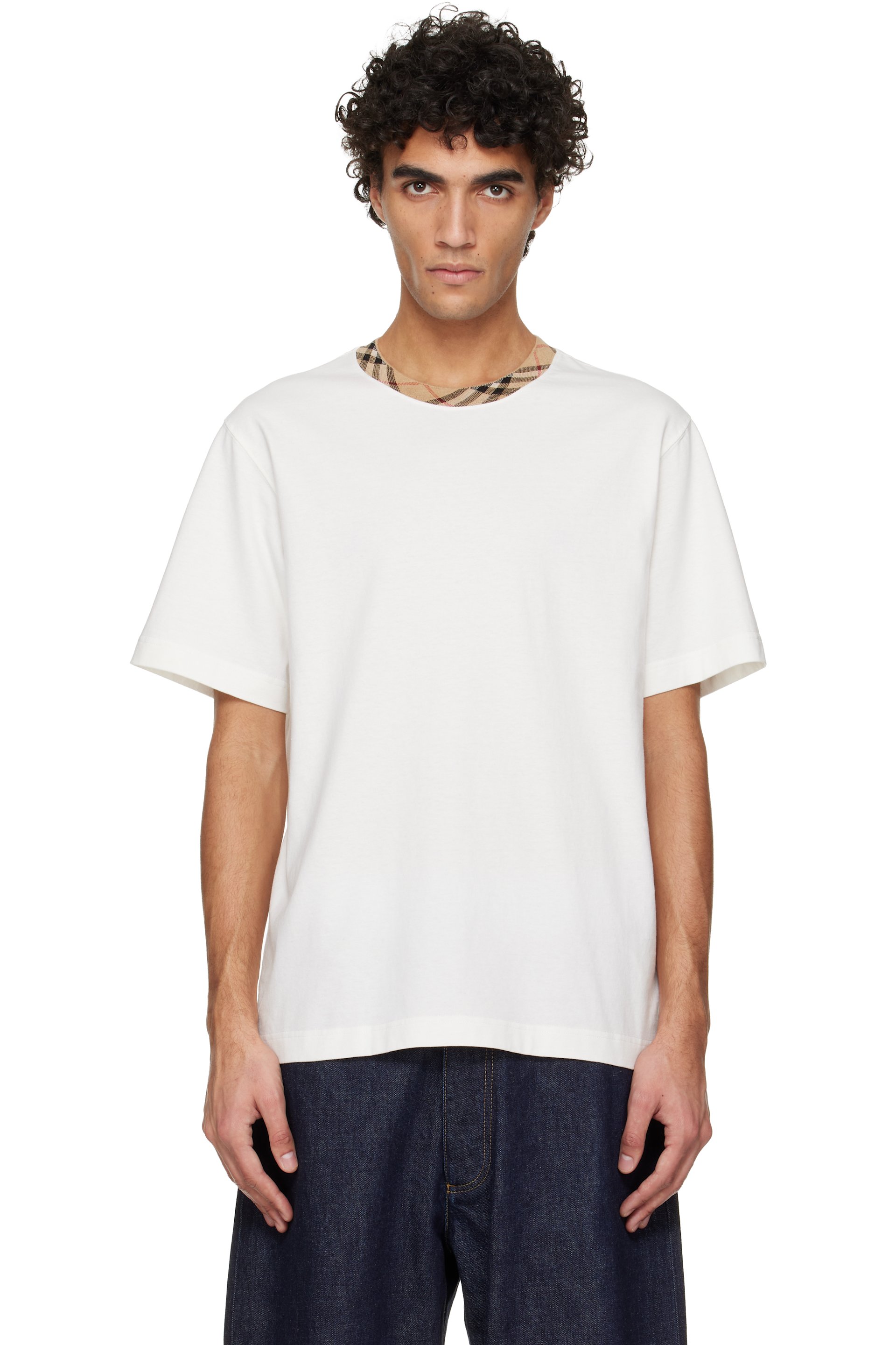 Burberry - Off-White Check Trim Cotton T-shirt