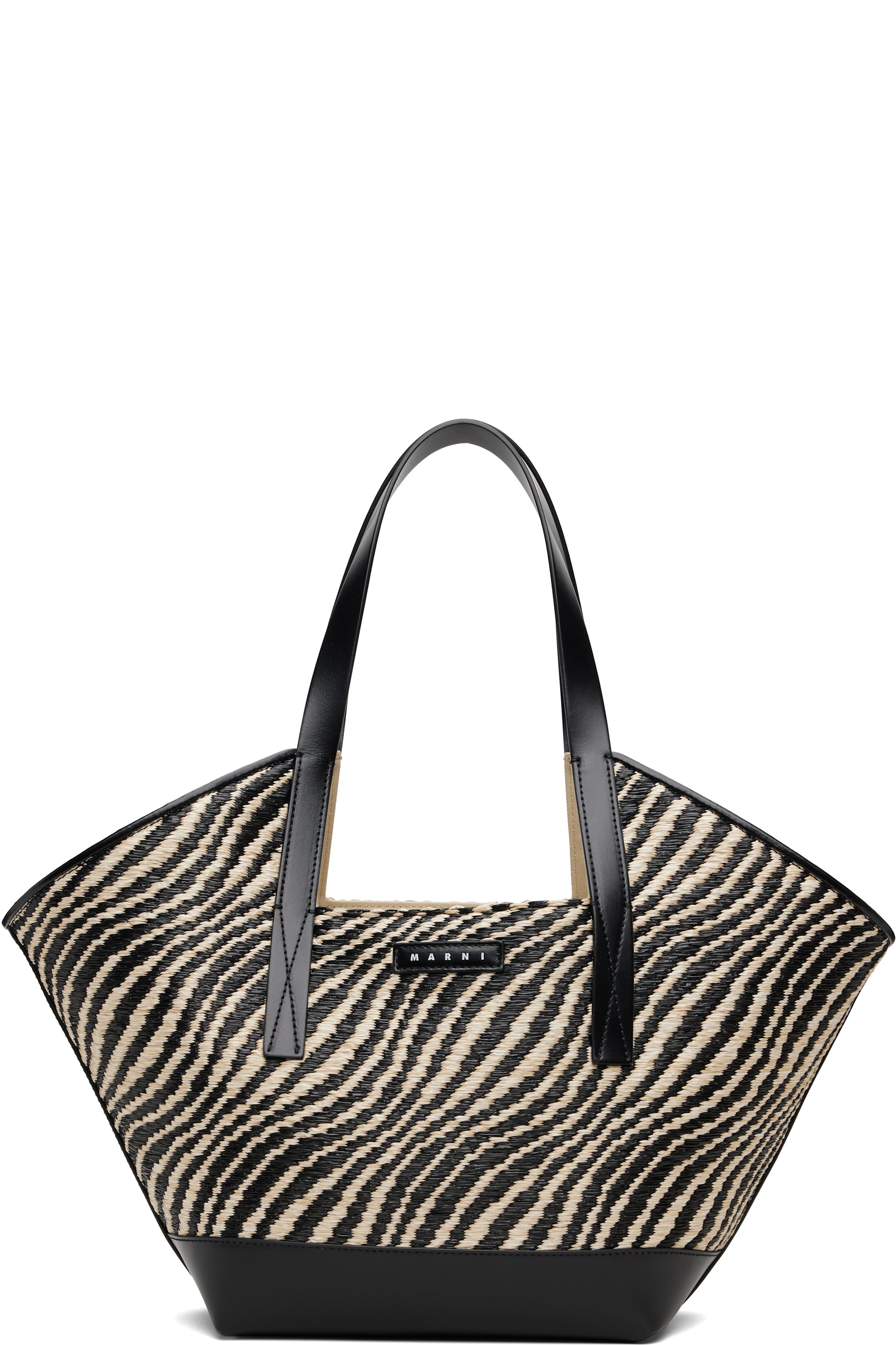 Marni - Black & White Raffia-Effect Waves Small Tote
