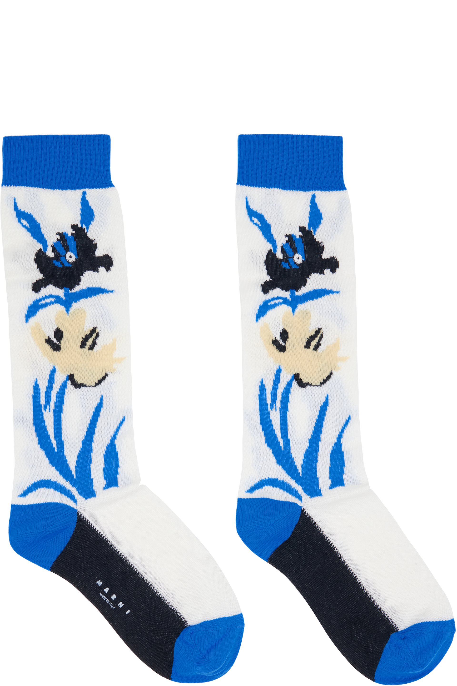 Marni - Blue & White Intarsia Flower Mid-Calf Socks