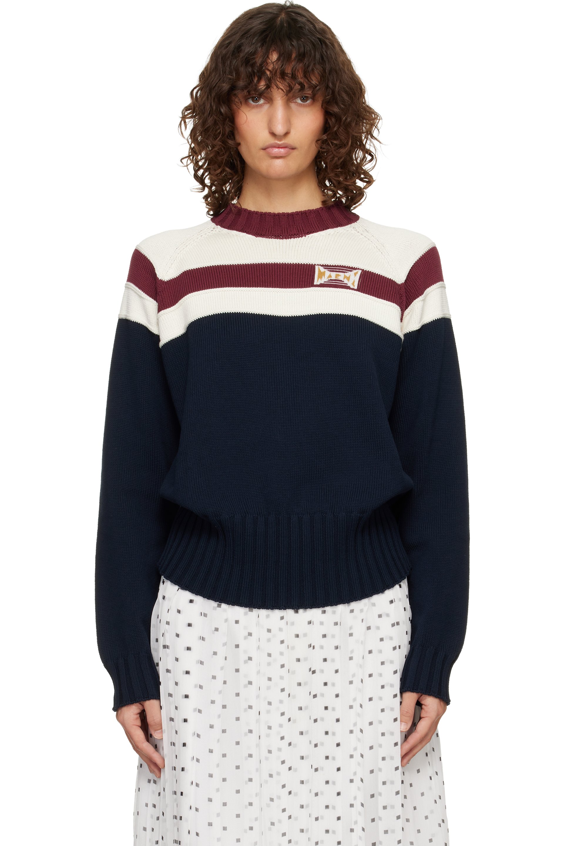 Marni - Pull blanc cassé et bleu marine en coton à rayures