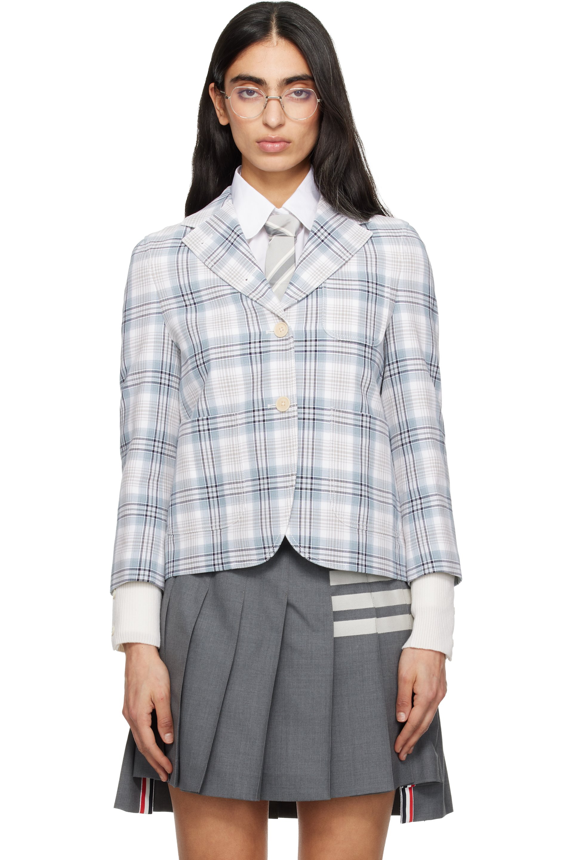 Thom Browne - 白色 & 蓝色 Cropped Sack Plaid Cotton 西装外套