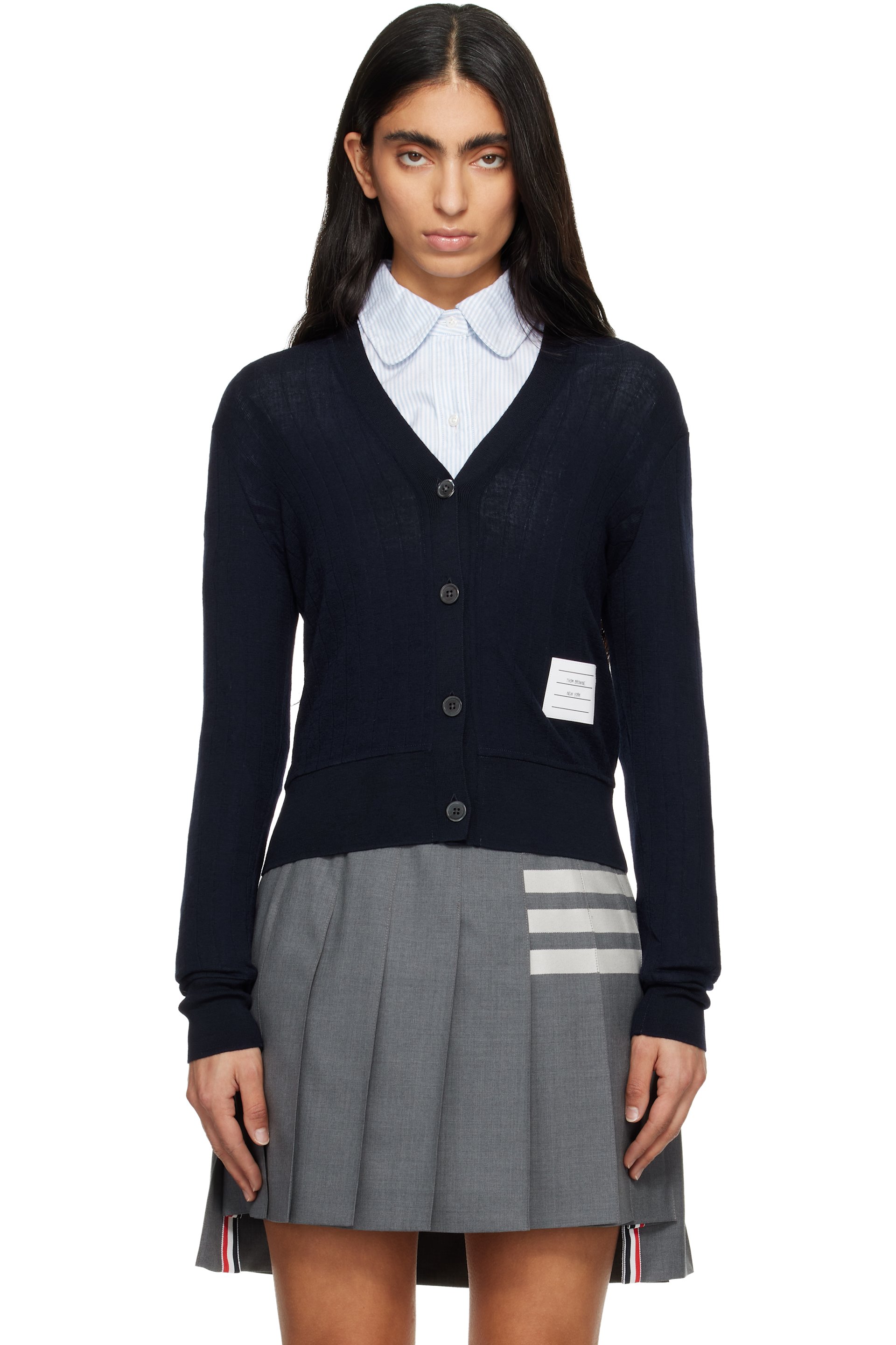 Thom Browne - 海军蓝 Wide Wool Rib V-Neck 开衫