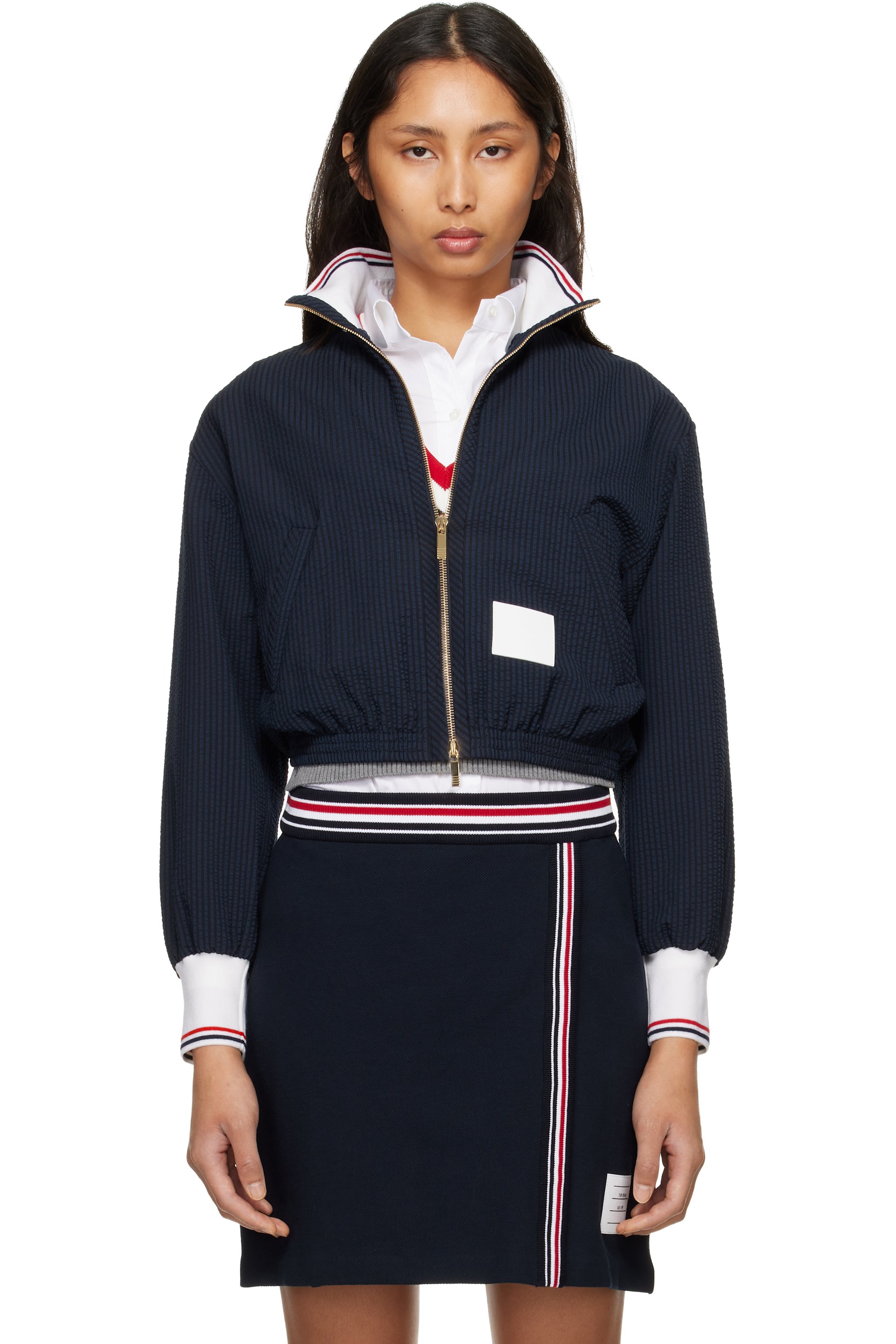 Thom Browne - Blouson de survêtement bleu marine en tissu gaufré de laine à glissière