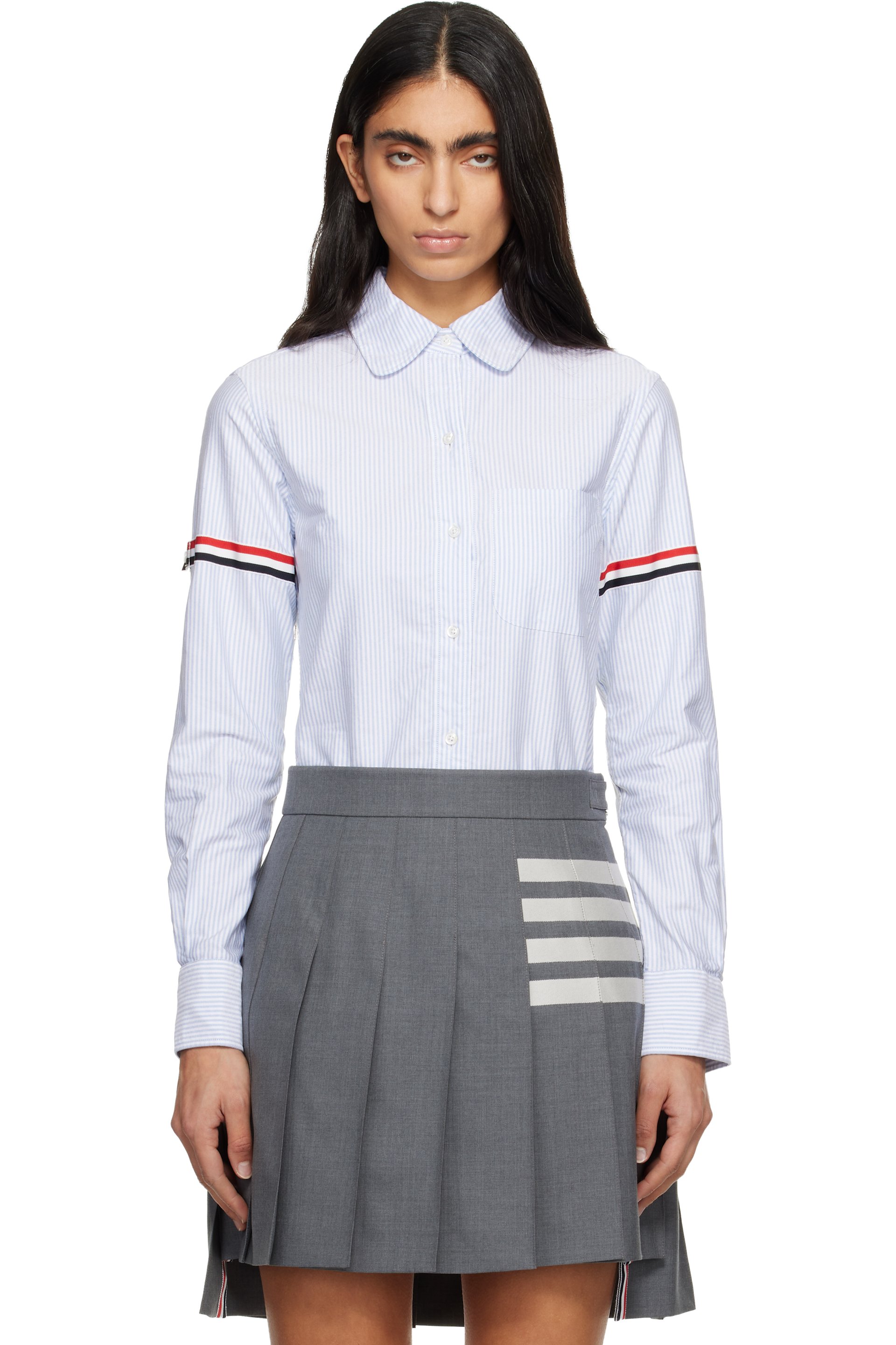Thom Browne - 蓝色 Stripe Oxford Armband Round Collar 衬衫