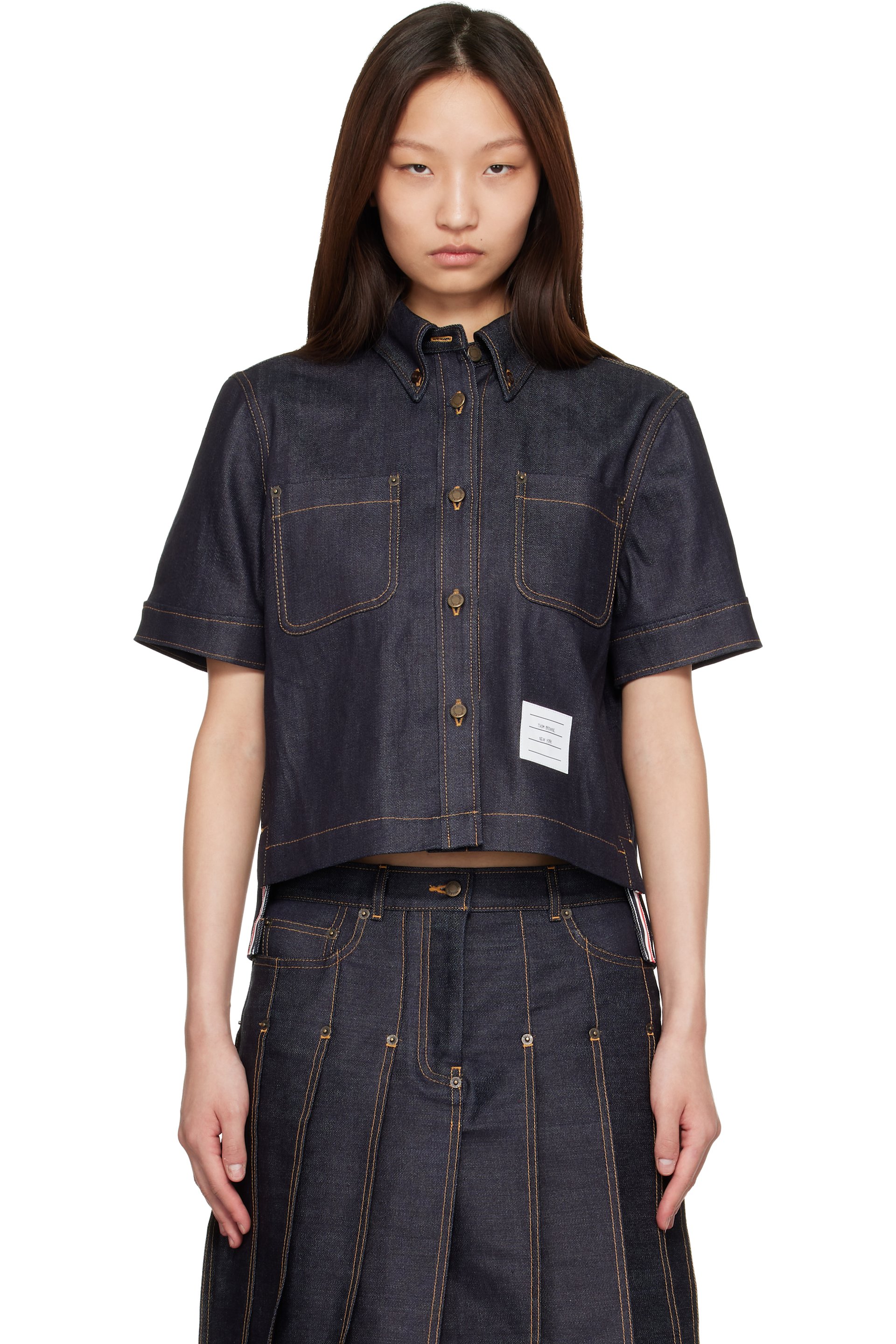 Thom Browne - Navy Straight Hem Button Down Point Collar Denim Shirt