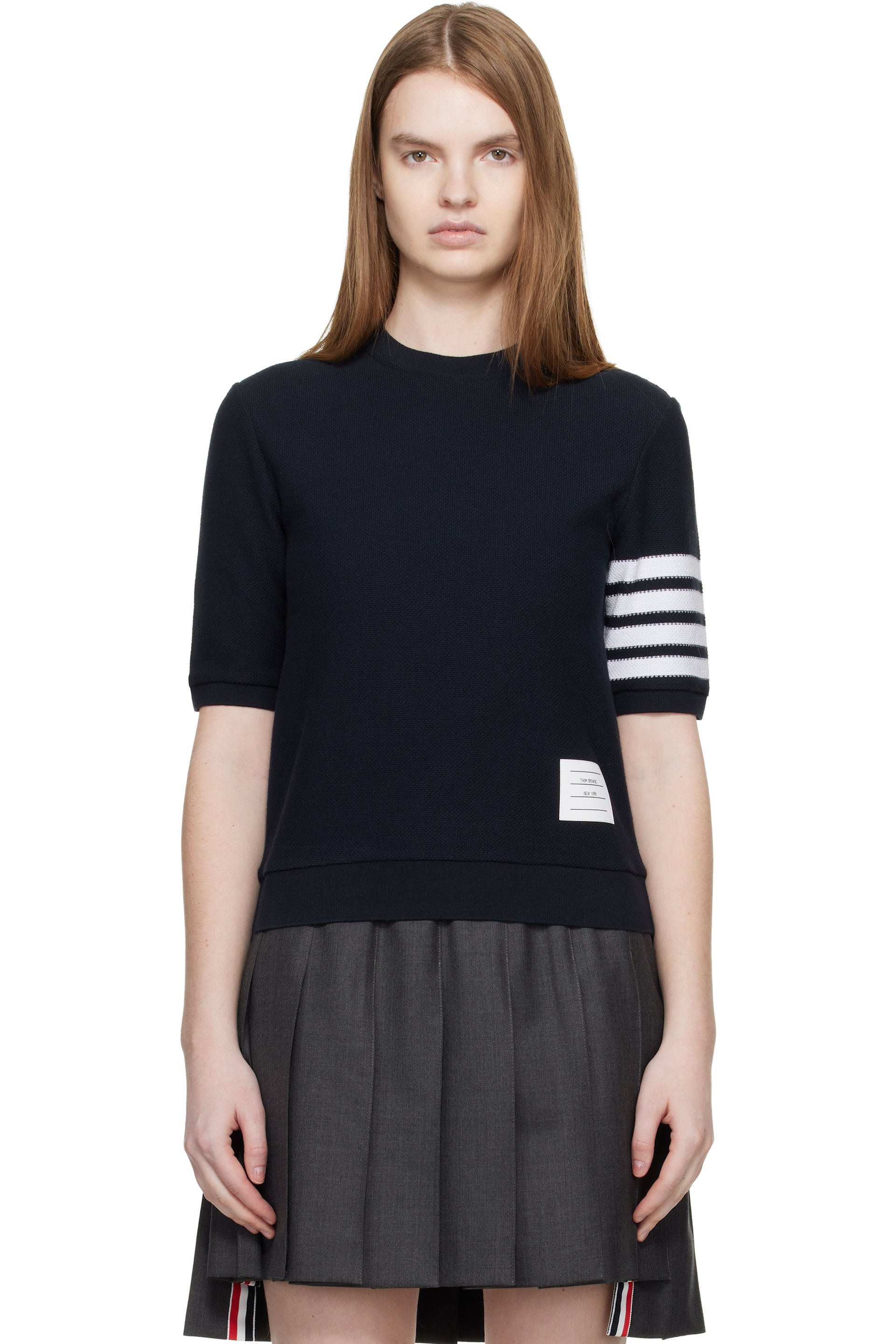 Thom Browne - 海军蓝 Textured Cotton Pique 4-Bar T 恤