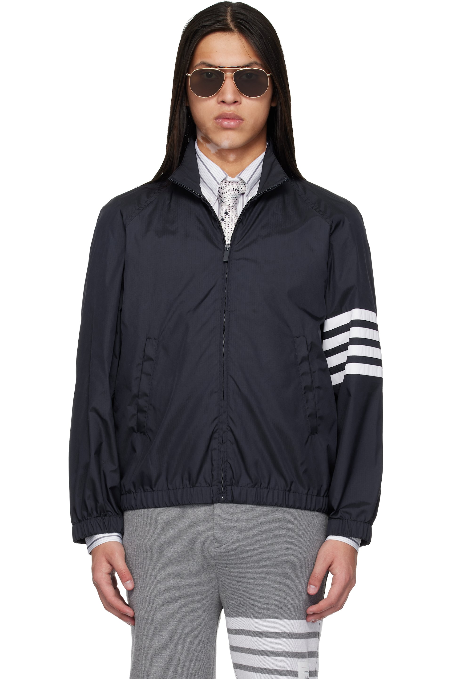 Thom Browne - 海军蓝 Shiny Ripstop Raglan 4-Bar 运动夹克