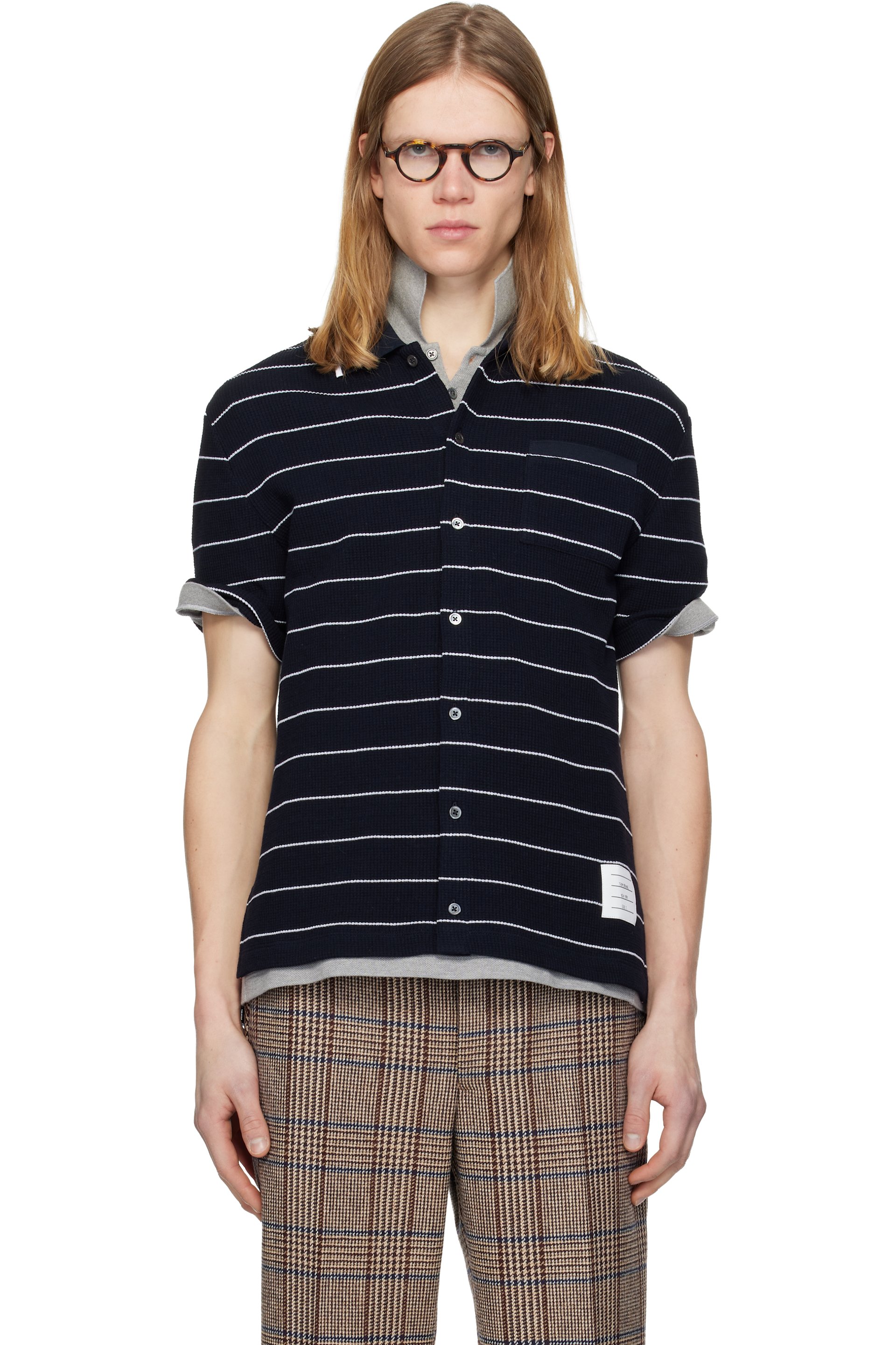 Thom Browne - Navy Textured Stripe Short Sleeve Shirt