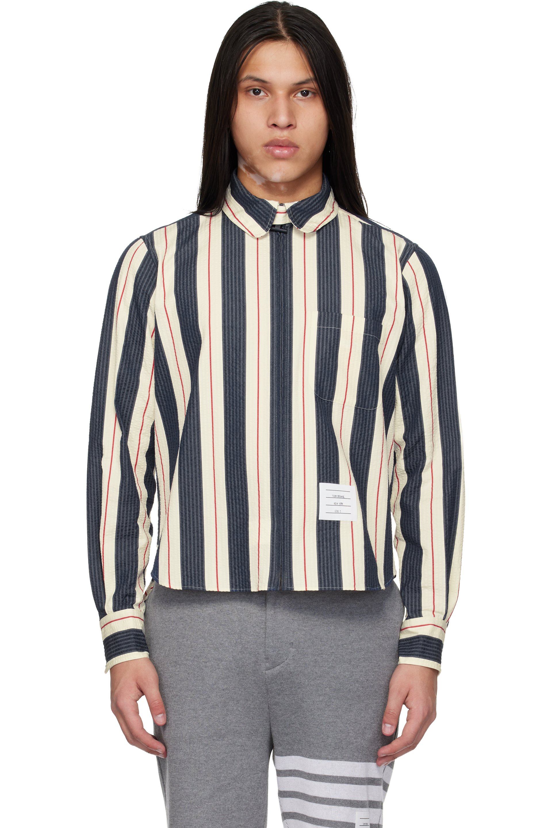 Thom Browne - Navy & White Stripe Seersucker Zip Shirt