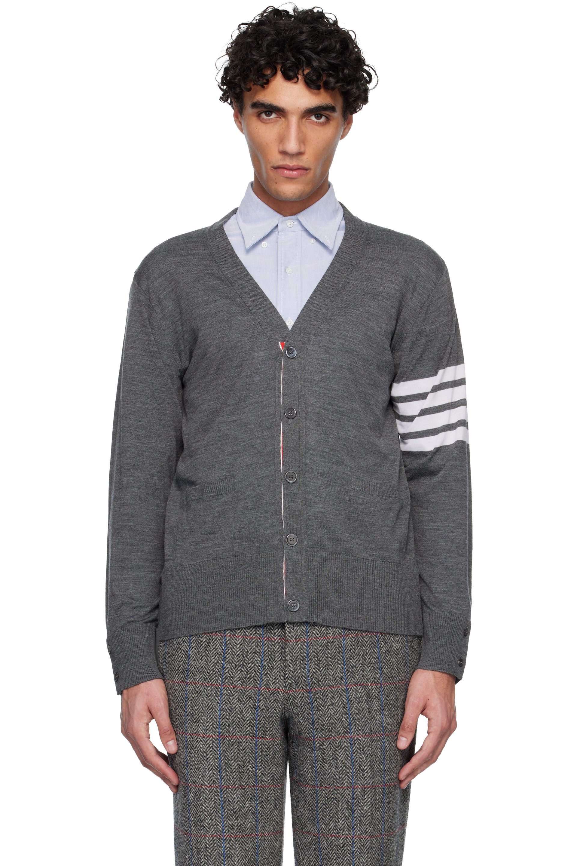 Thom Browne - Gray Merino Wool 4-Bar Classic V-Neck Cardigan