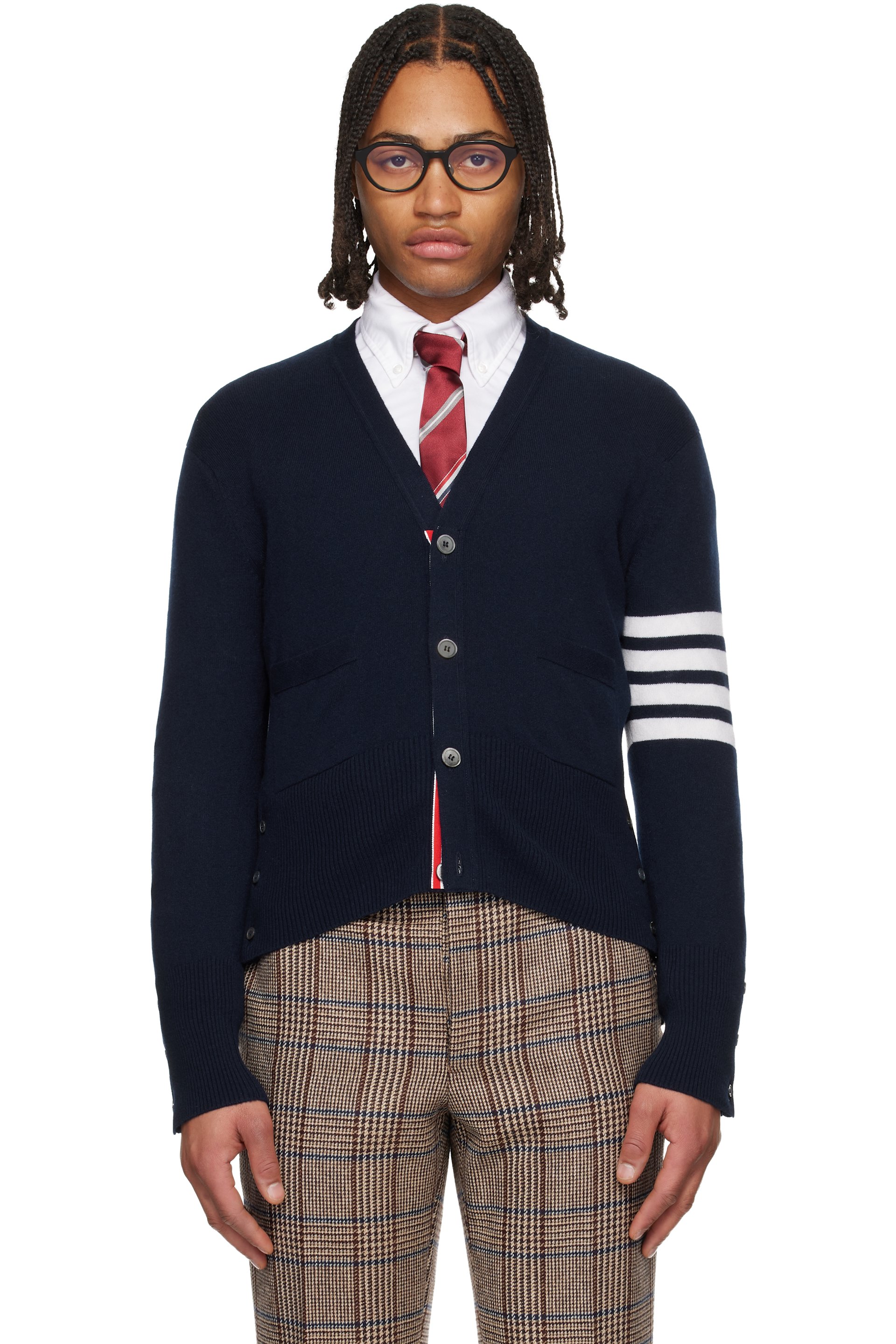 Thom Browne - Navy Classic Cashmere 4-Bar V-Neck Cardigan