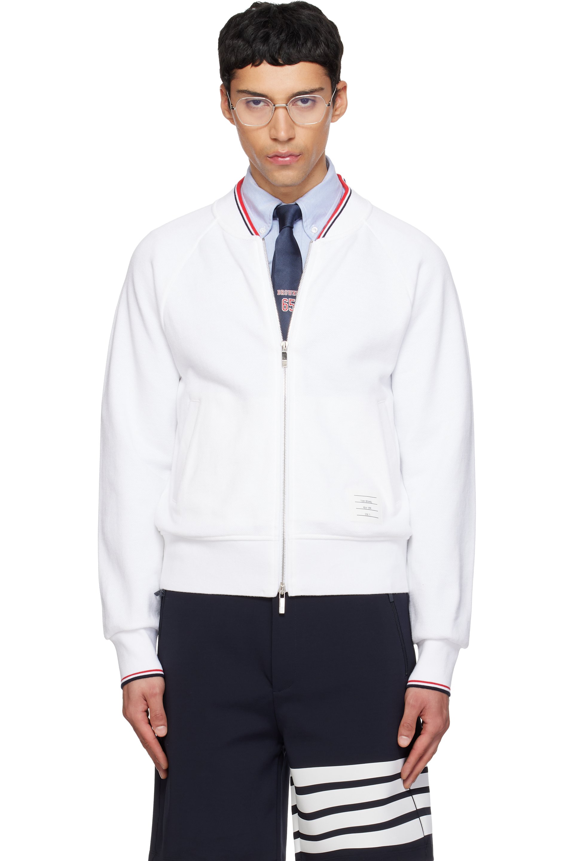 Thom Browne - White Pique loopback RWB Tipping Sweater