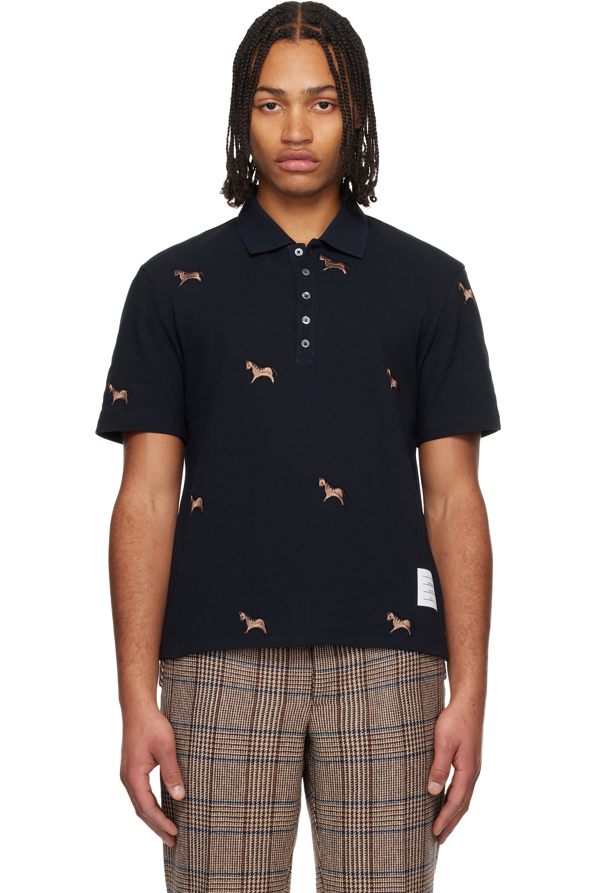 Thom Browne - Navy Horse Half Drop Embroidery Short Sleeve Polo
